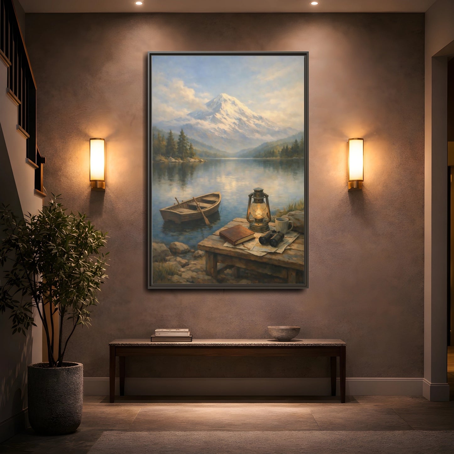 Mockup 4. Nature Mountain Lake Mountain Lake Scene shown as stretched canvas wall art