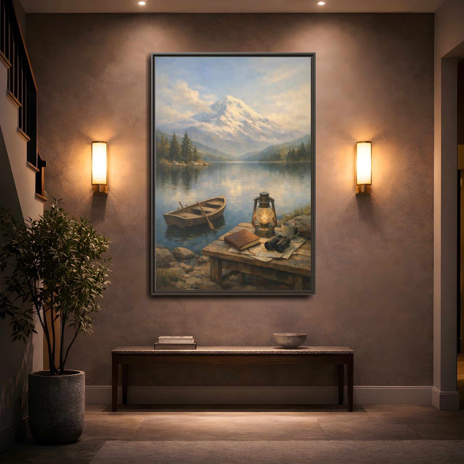 Mockup 4. Nature Mountain Lake Mountain Lake Scene shown as stretched canvas wall art