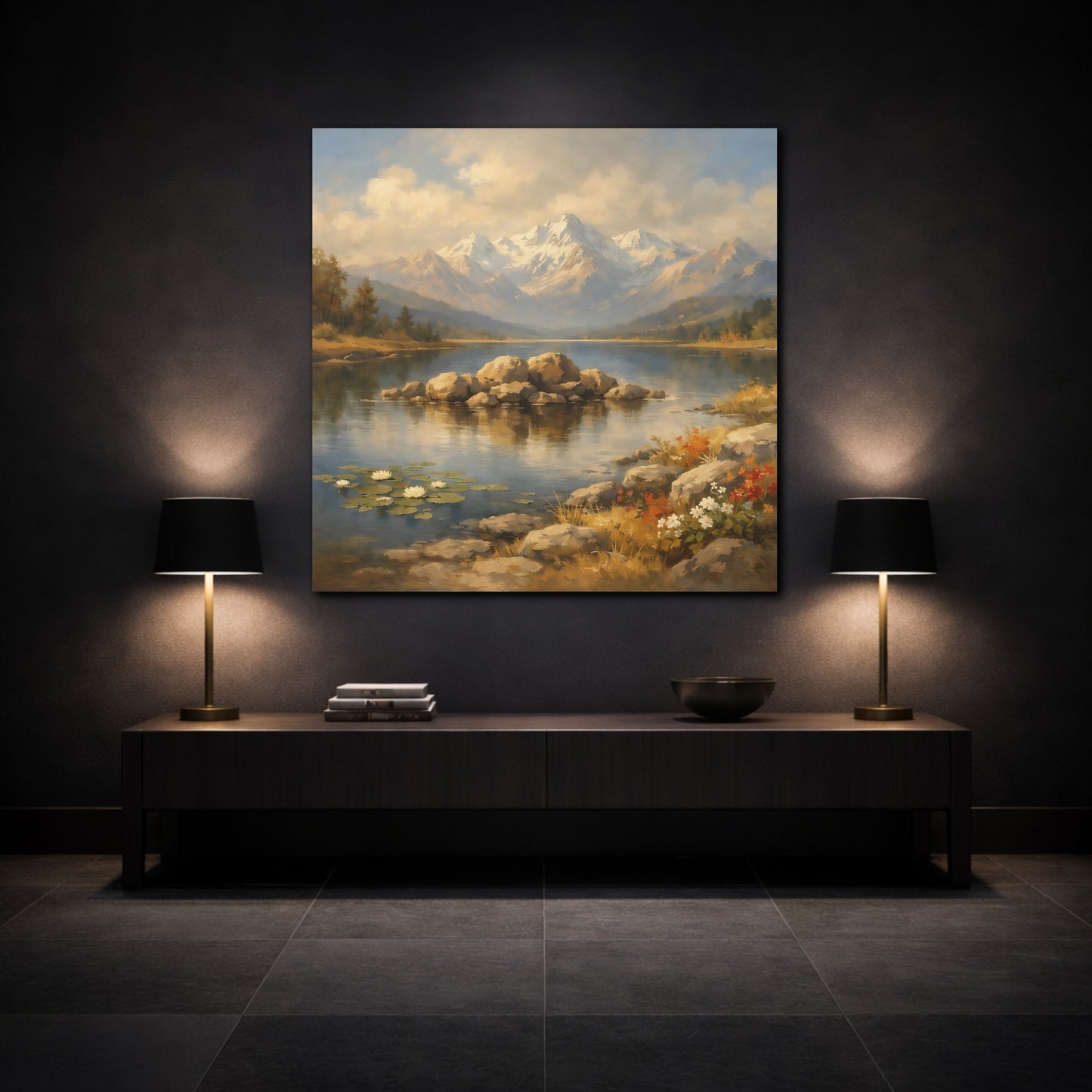 Mockup 3. Nature Mountain Lake Mountain Lake Scenic shown as stretched canvas wall art