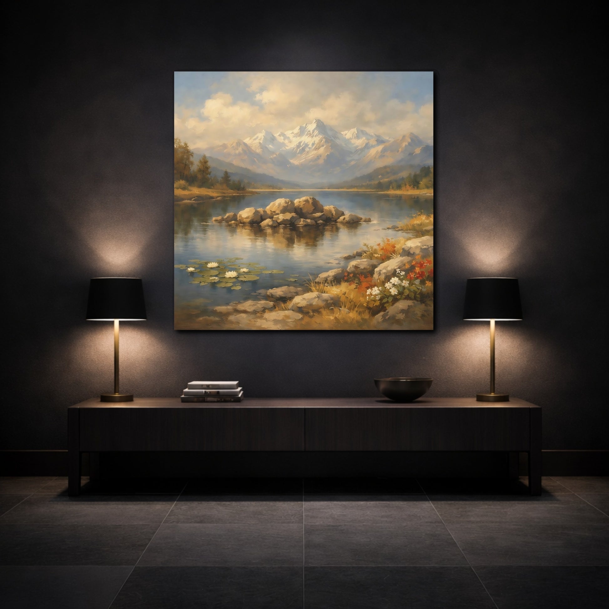 Mockup 3. Nature Mountain Lake Mountain Lake Scenic shown as stretched canvas wall art