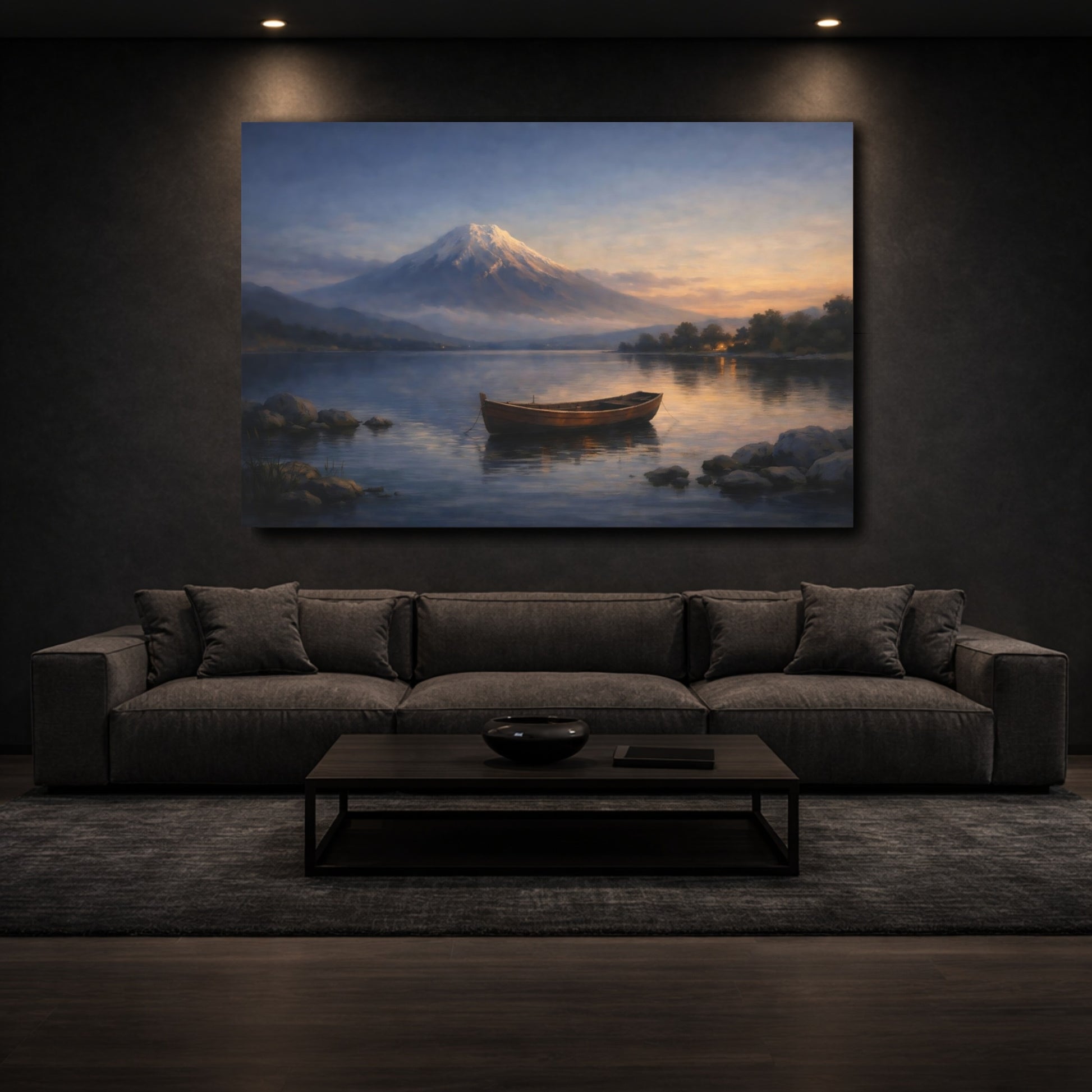 Mockup 2. Nature Mountain Lake Mountain Lake Sunset shown as stretched canvas wall art