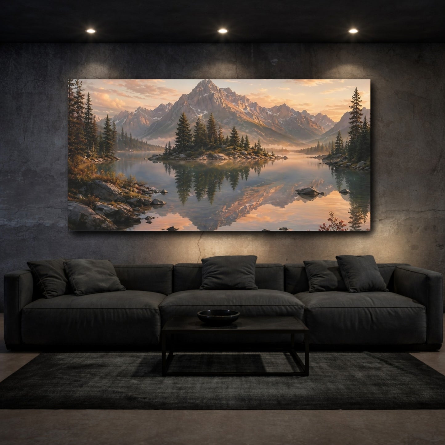 Mockup 2. Nature Mountain Lake Mountain Lake Sunset shown as stretched canvas wall art