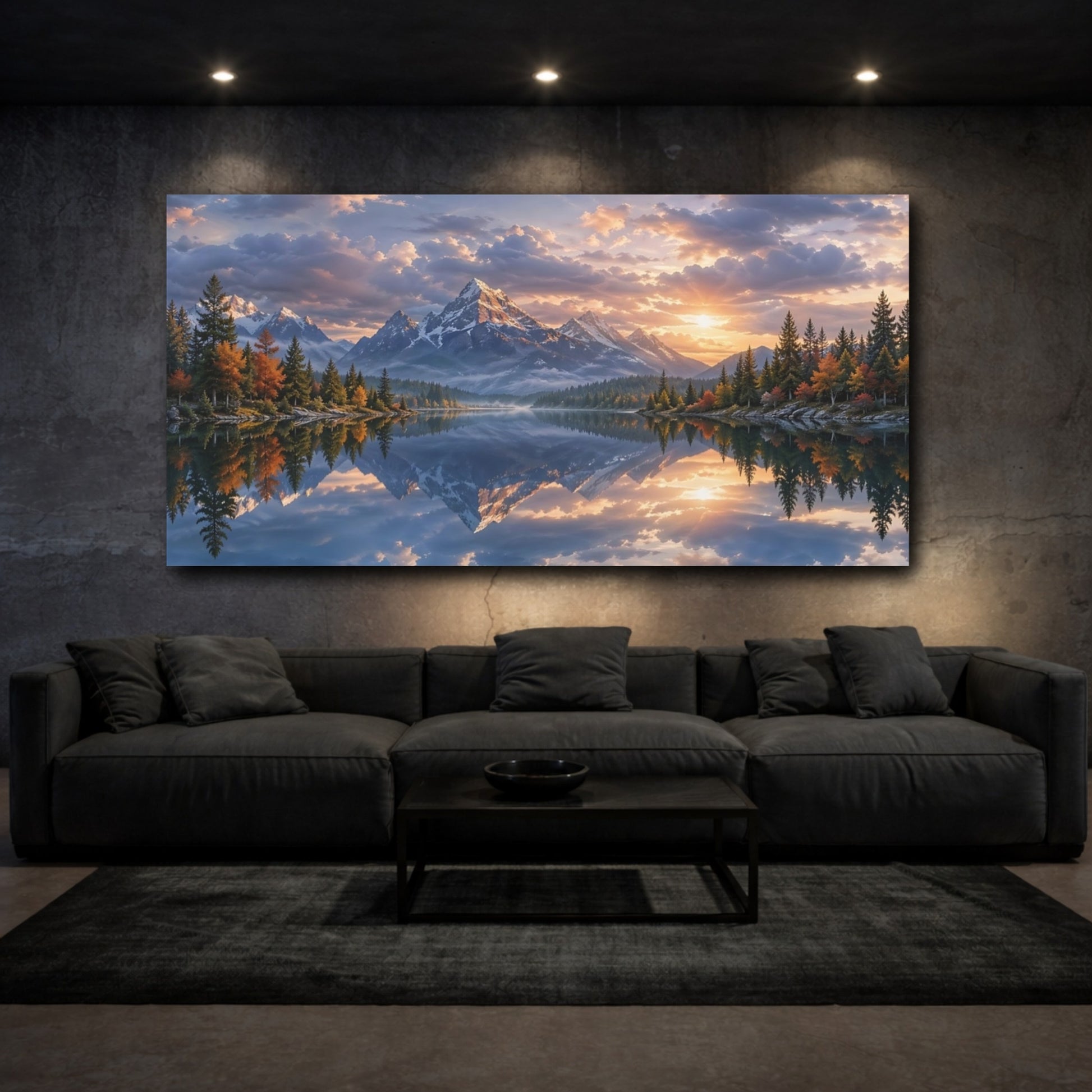 Mockup 2. Nature Mountain Lake Mountain Lake Sunset shown as stretched canvas wall art