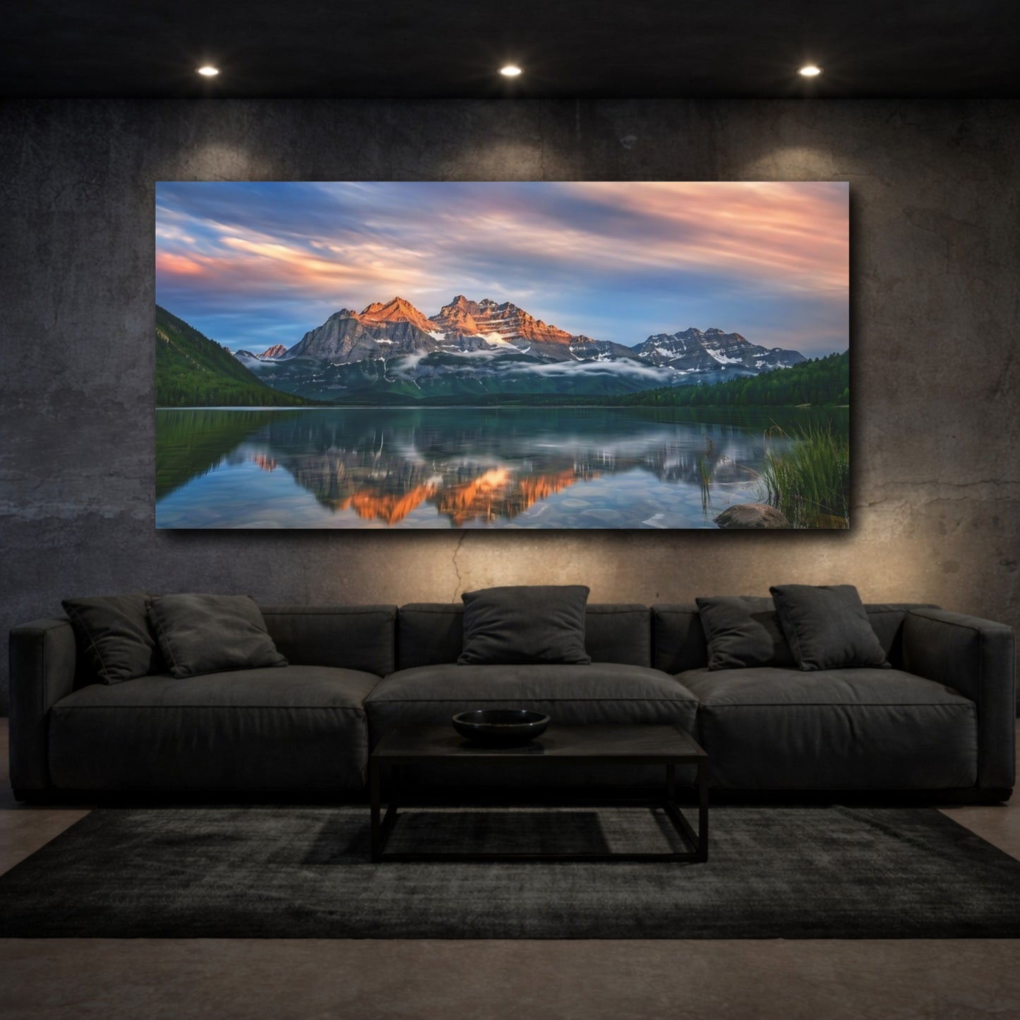 Mockup 2. Nature Mountain Lake Mountain Lake Sunset shown as stretched canvas wall art