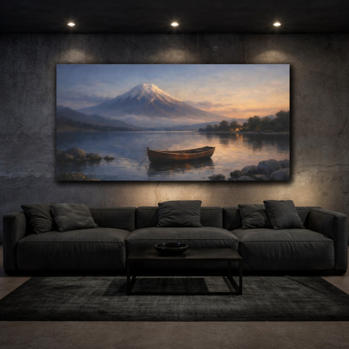 Mockup 2. Nature Mountain Lake Mountain Lake Sunset shown as stretched canvas wall art