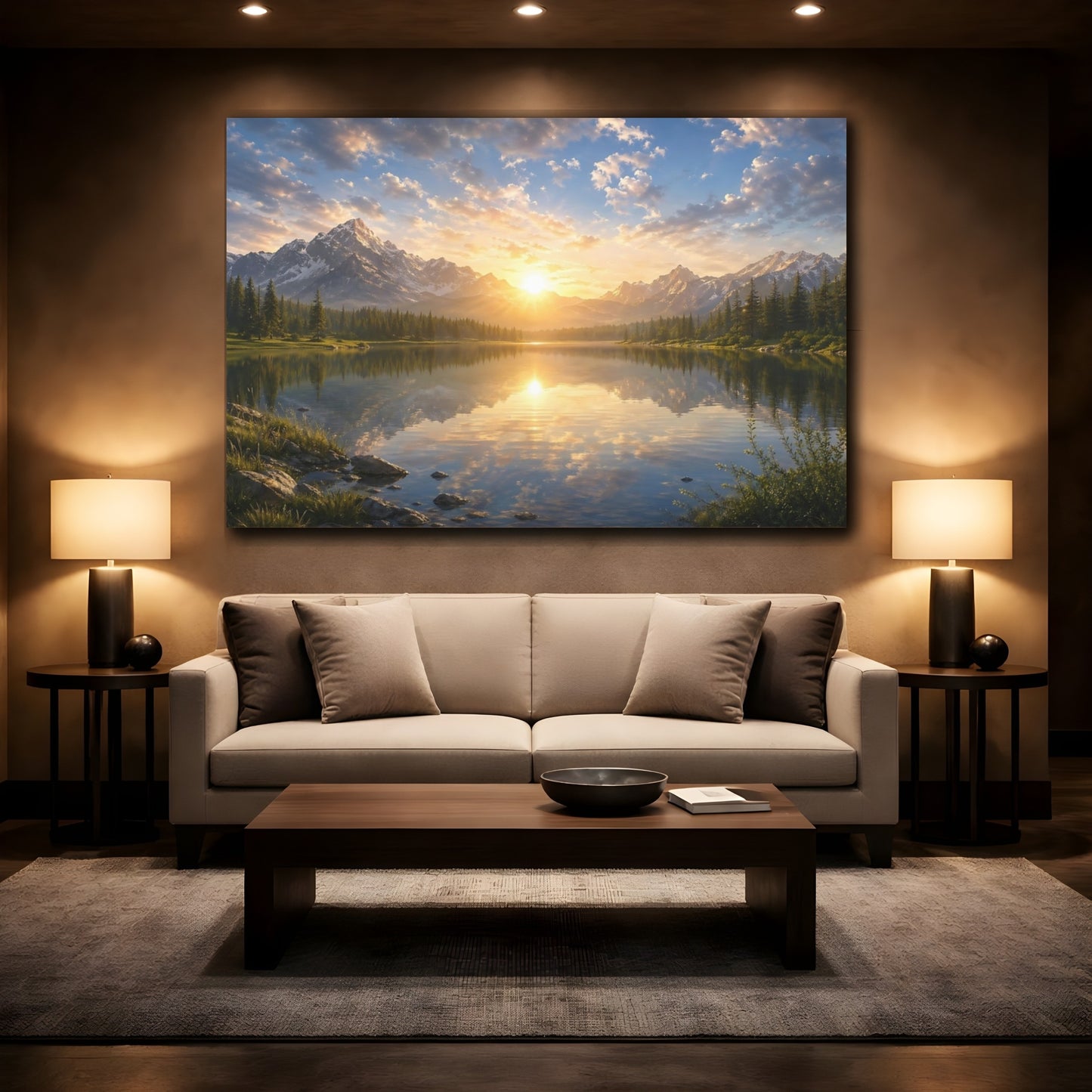 Mockup 2. Nature Mountain Lake Mountain Lake Sunset shown as stretched canvas wall art