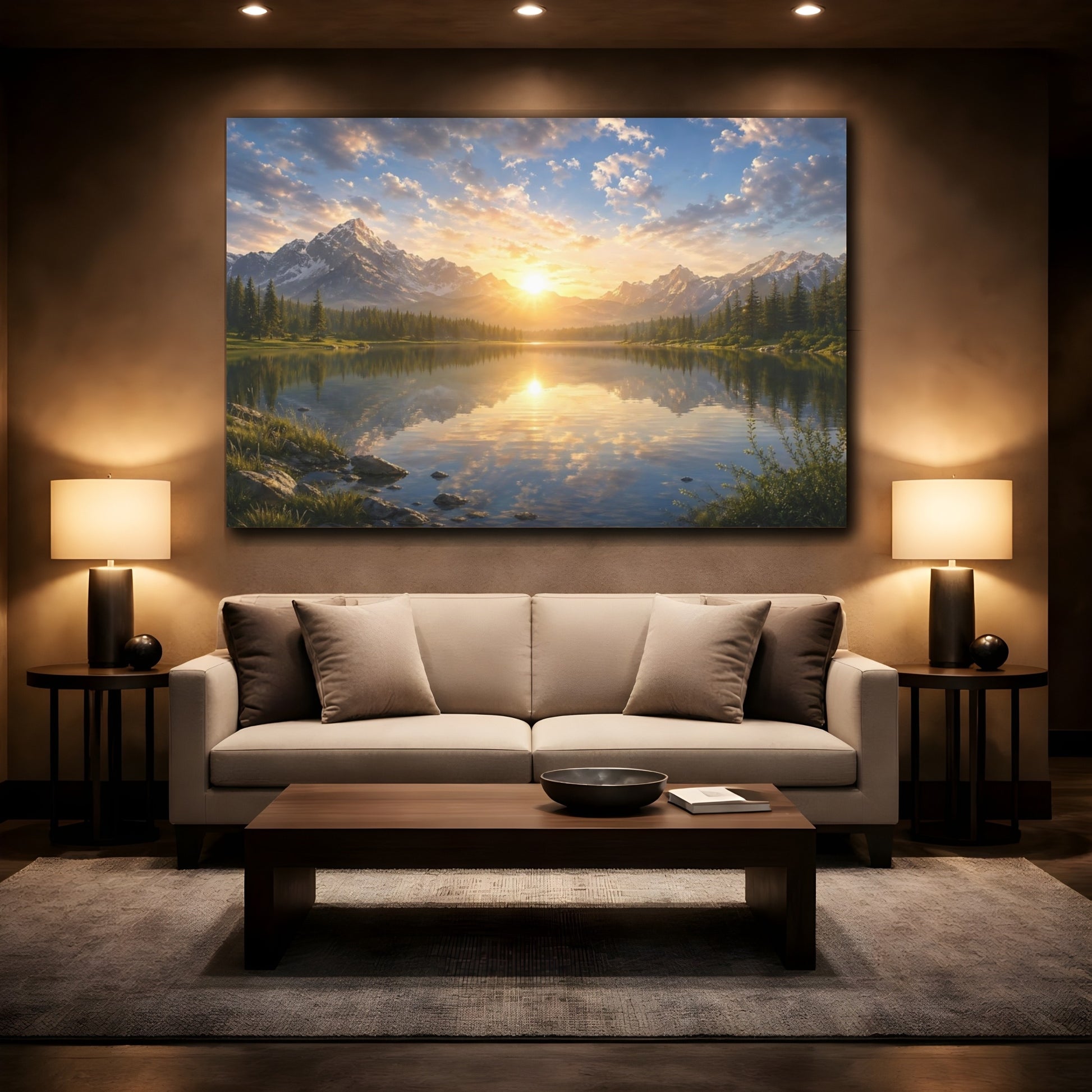 Mockup 2. Nature Mountain Lake Mountain Lake Sunset shown as stretched canvas wall art