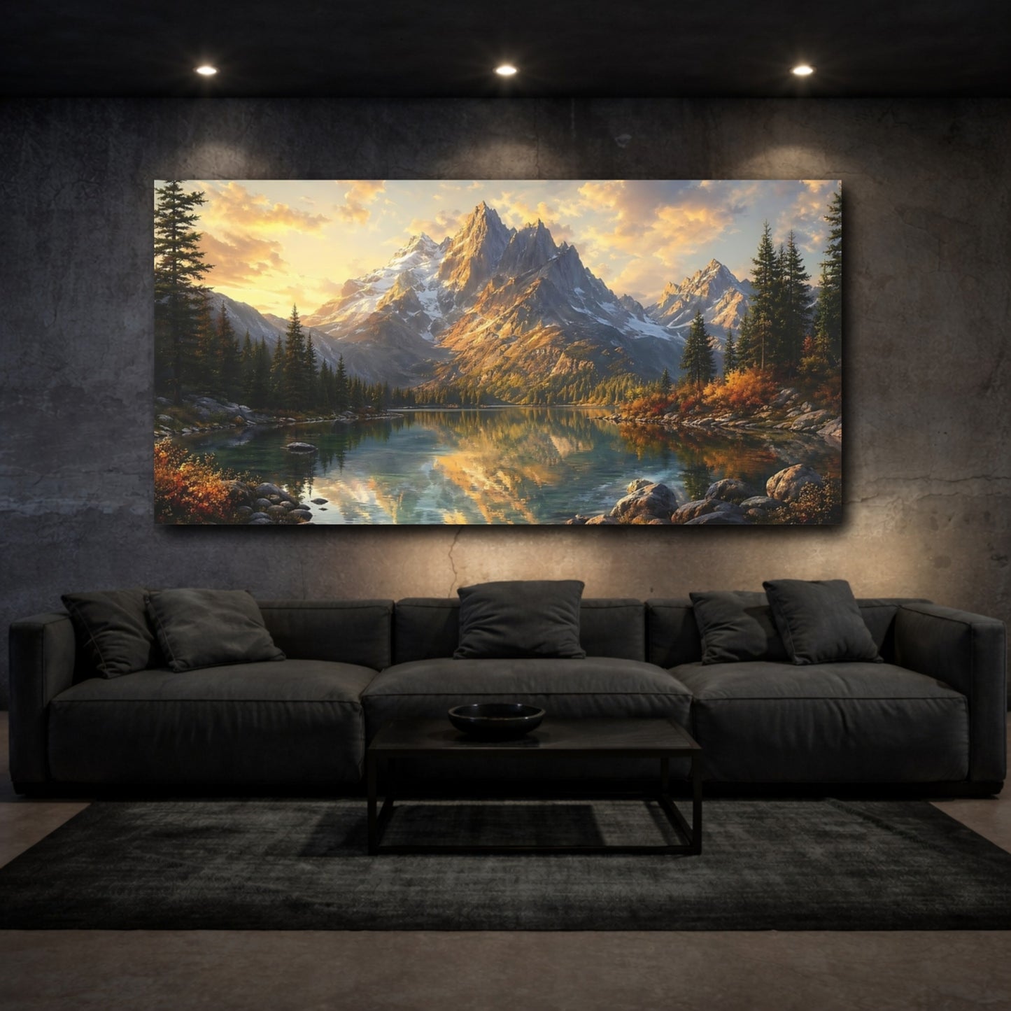 Mockup 2. Nature Mountain Lake Mountain Lake Sunset shown as stretched canvas wall art