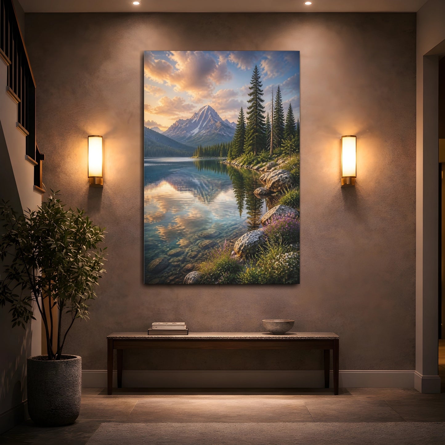 Mockup 2. Nature Mountain Lake Mountain Lake Sunset shown as stretched canvas wall art