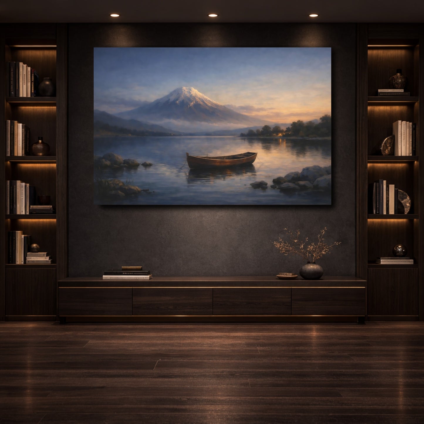 Mockup 3. Nature Mountain Lake Mountain Lake Sunset shown as stretched canvas wall art