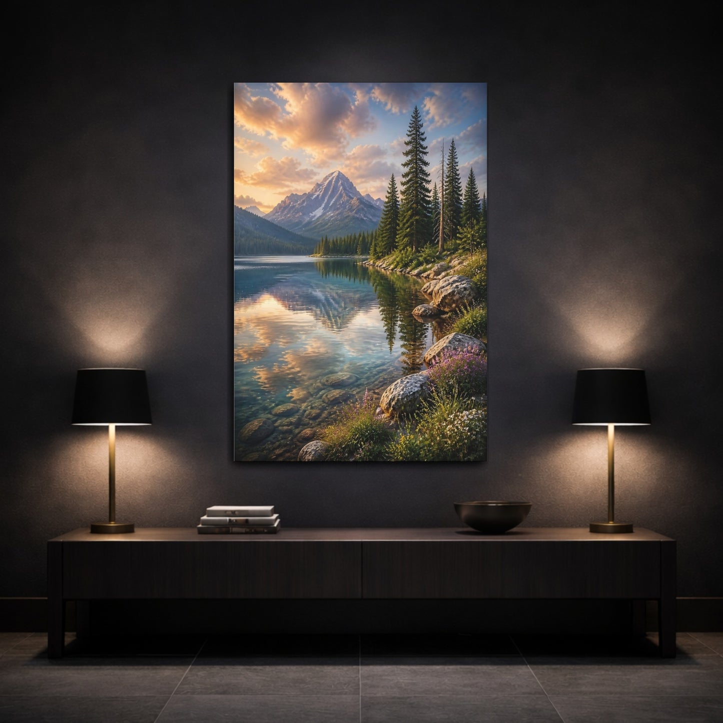 Mockup 3. Nature Mountain Lake Mountain Lake Sunset shown as stretched canvas wall art