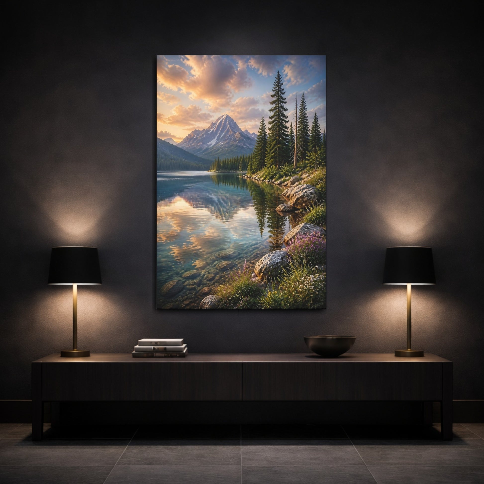 Mockup 3. Nature Mountain Lake Mountain Lake Sunset shown as stretched canvas wall art