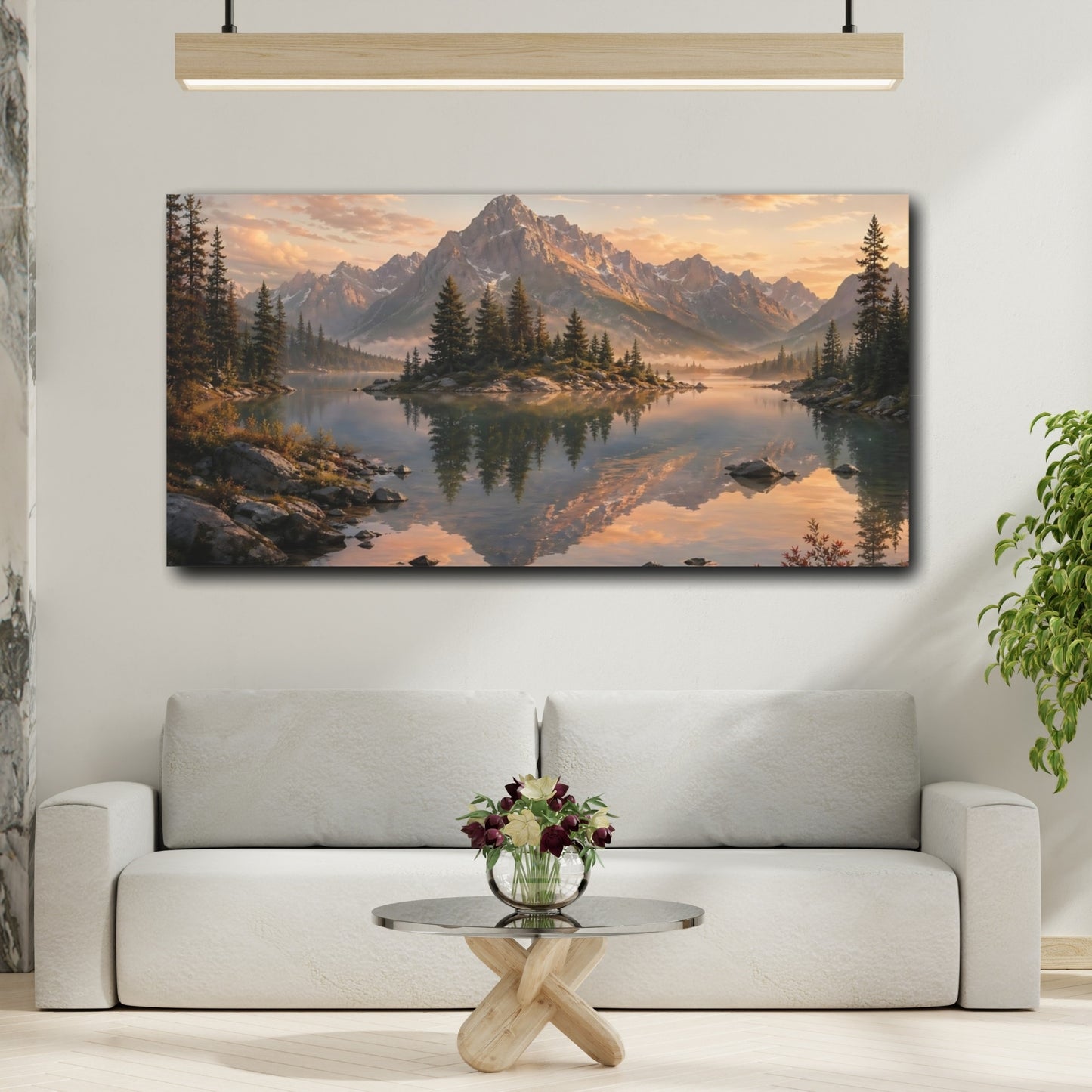 Mockup 3. Nature Mountain Lake Mountain Lake Sunset shown as stretched canvas wall art