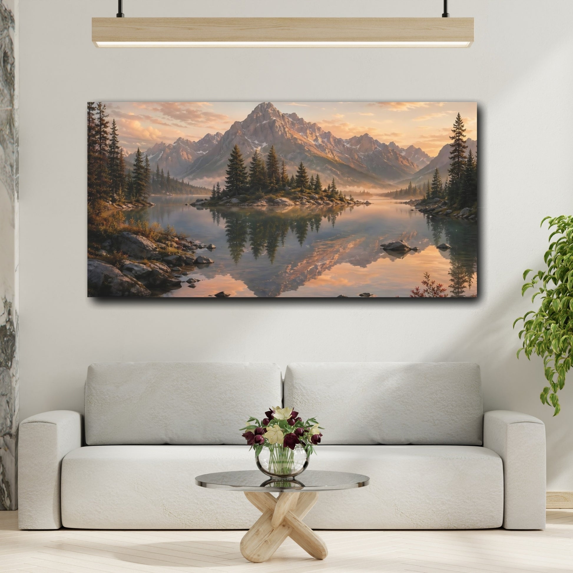 Mockup 3. Nature Mountain Lake Mountain Lake Sunset shown as stretched canvas wall art