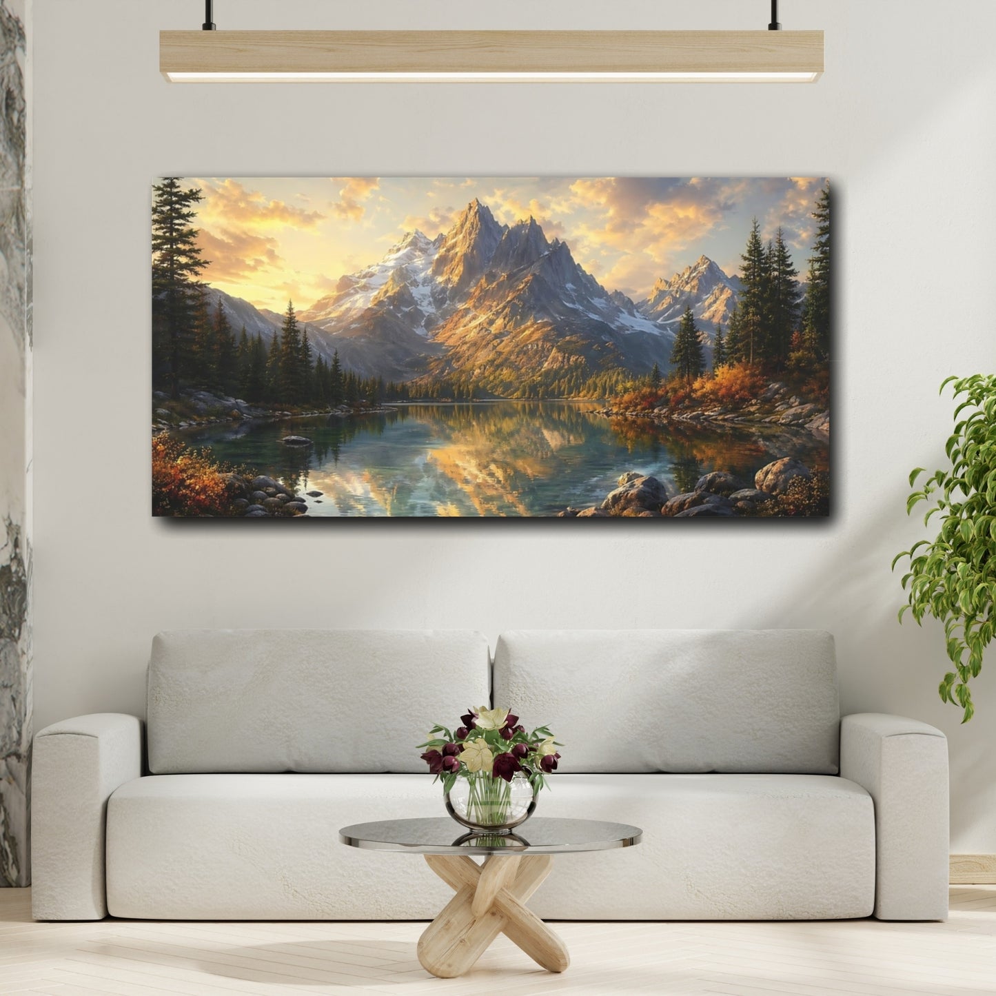 Mockup 3. Nature Mountain Lake Mountain Lake Sunset shown as stretched canvas wall art
