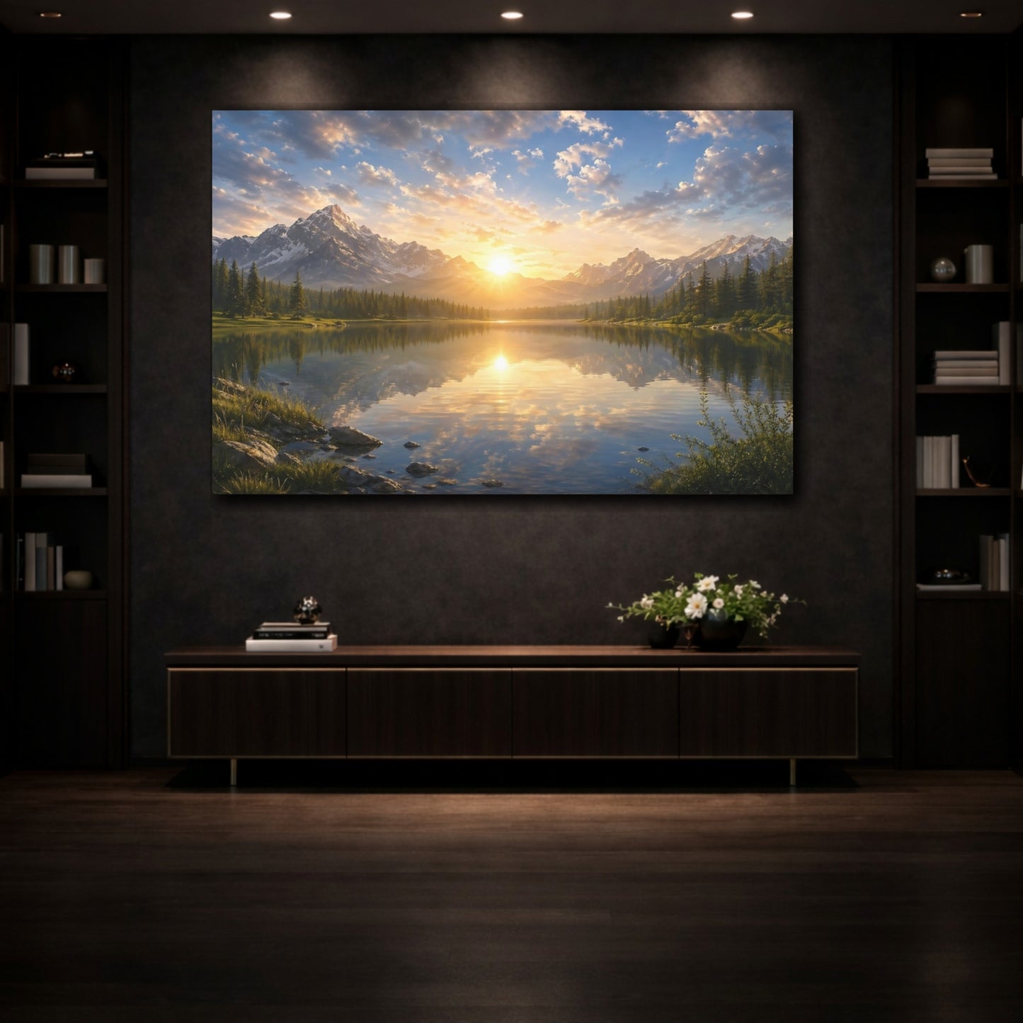 Mockup 3. Nature Mountain Lake Mountain Lake Sunset shown as stretched canvas wall art