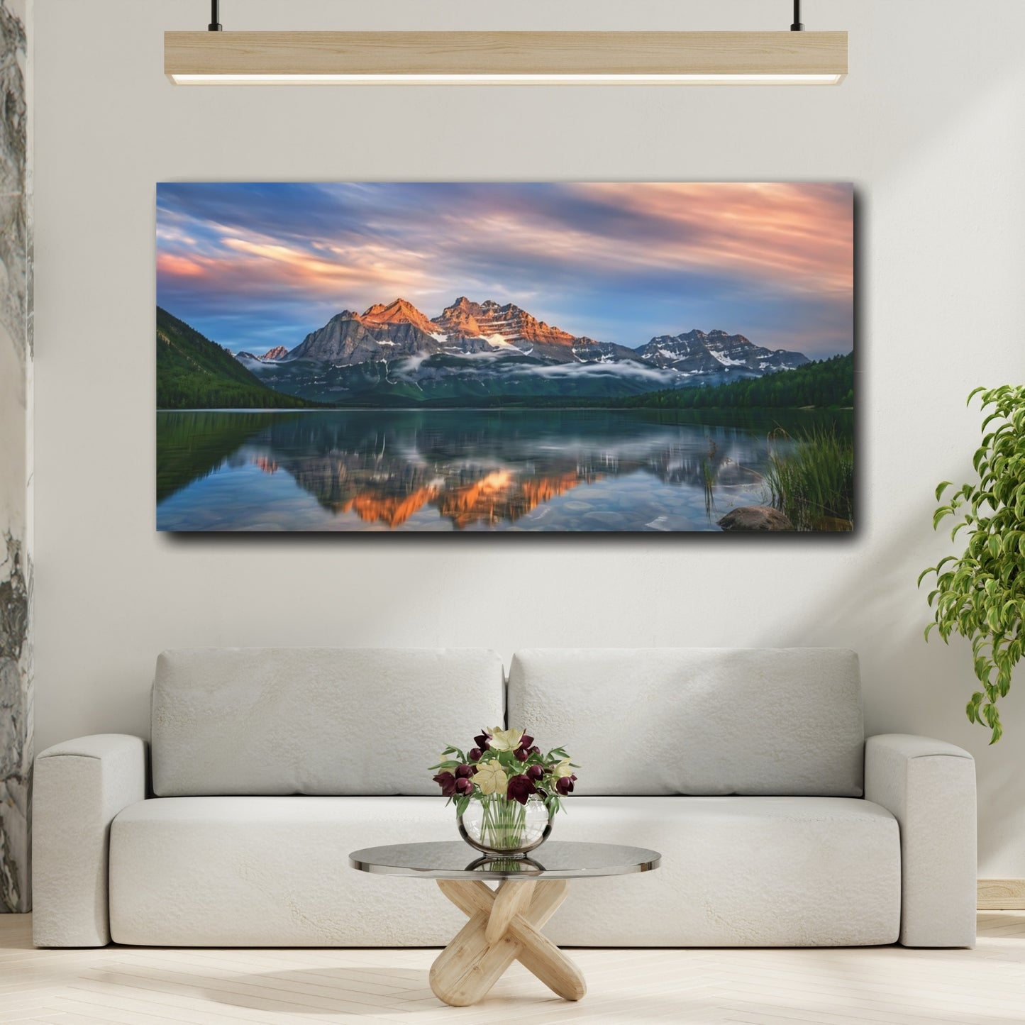 Mockup 3. Nature Mountain Lake Mountain Lake Sunset shown as stretched canvas wall art