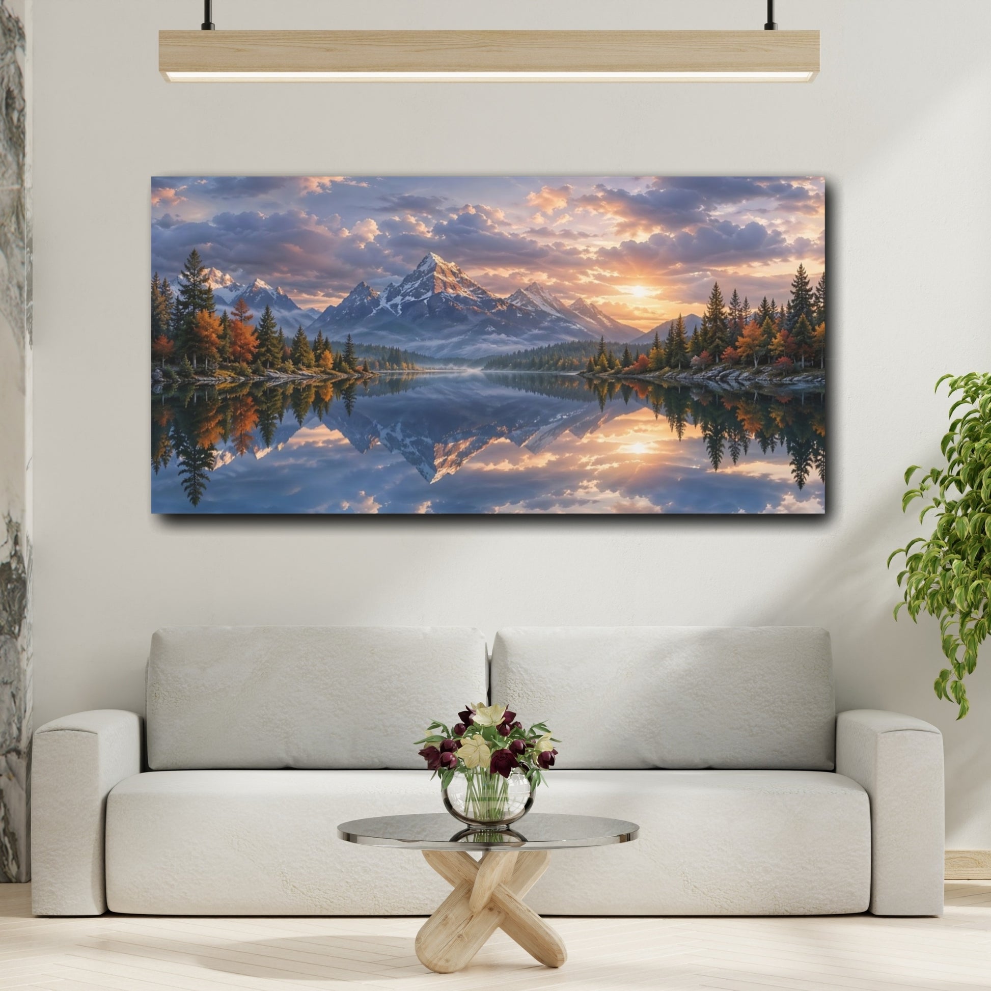 Mockup 3. Nature Mountain Lake Mountain Lake Sunset shown as stretched canvas wall art
