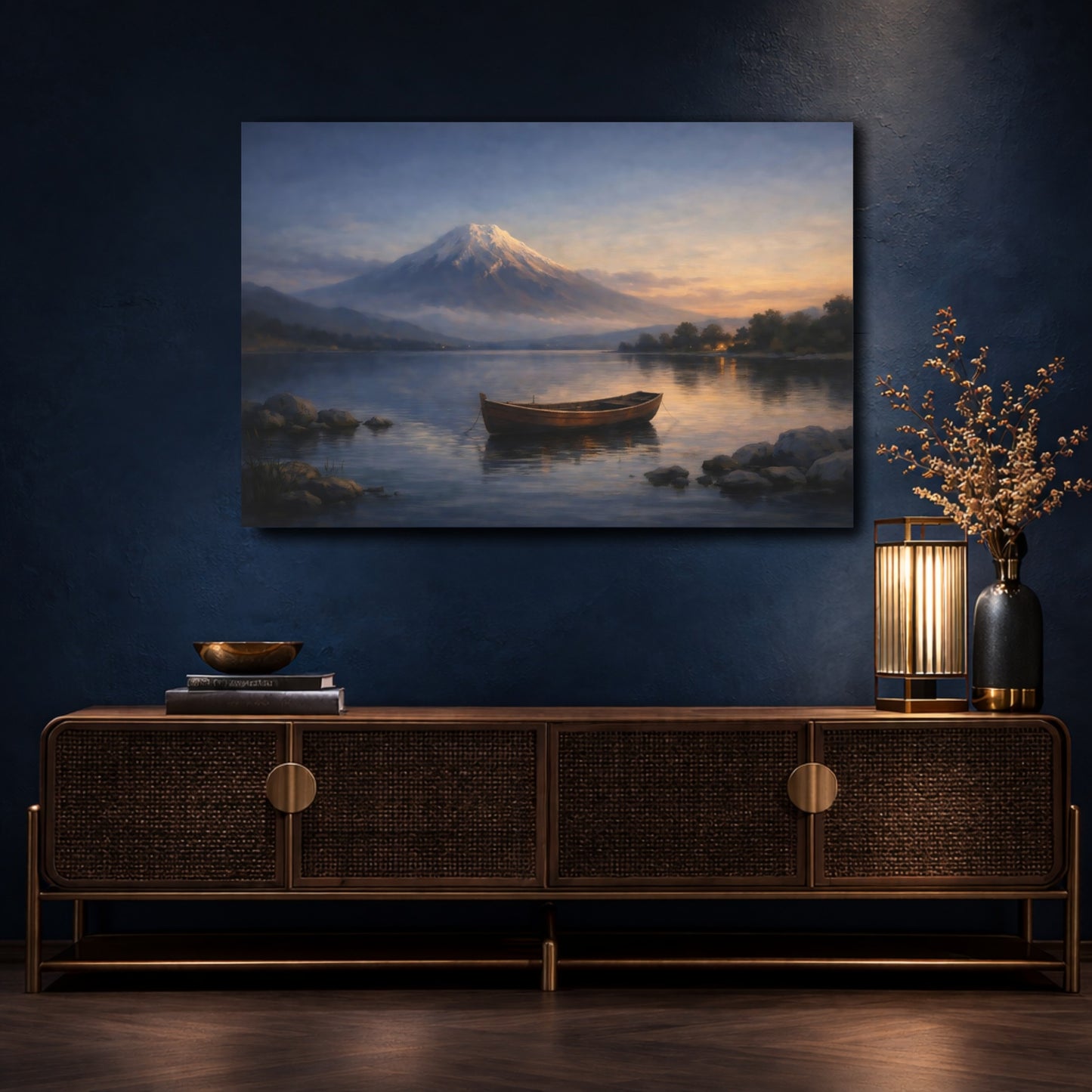 Mockup 4. Nature Mountain Lake Mountain Lake Sunset shown as stretched canvas wall art