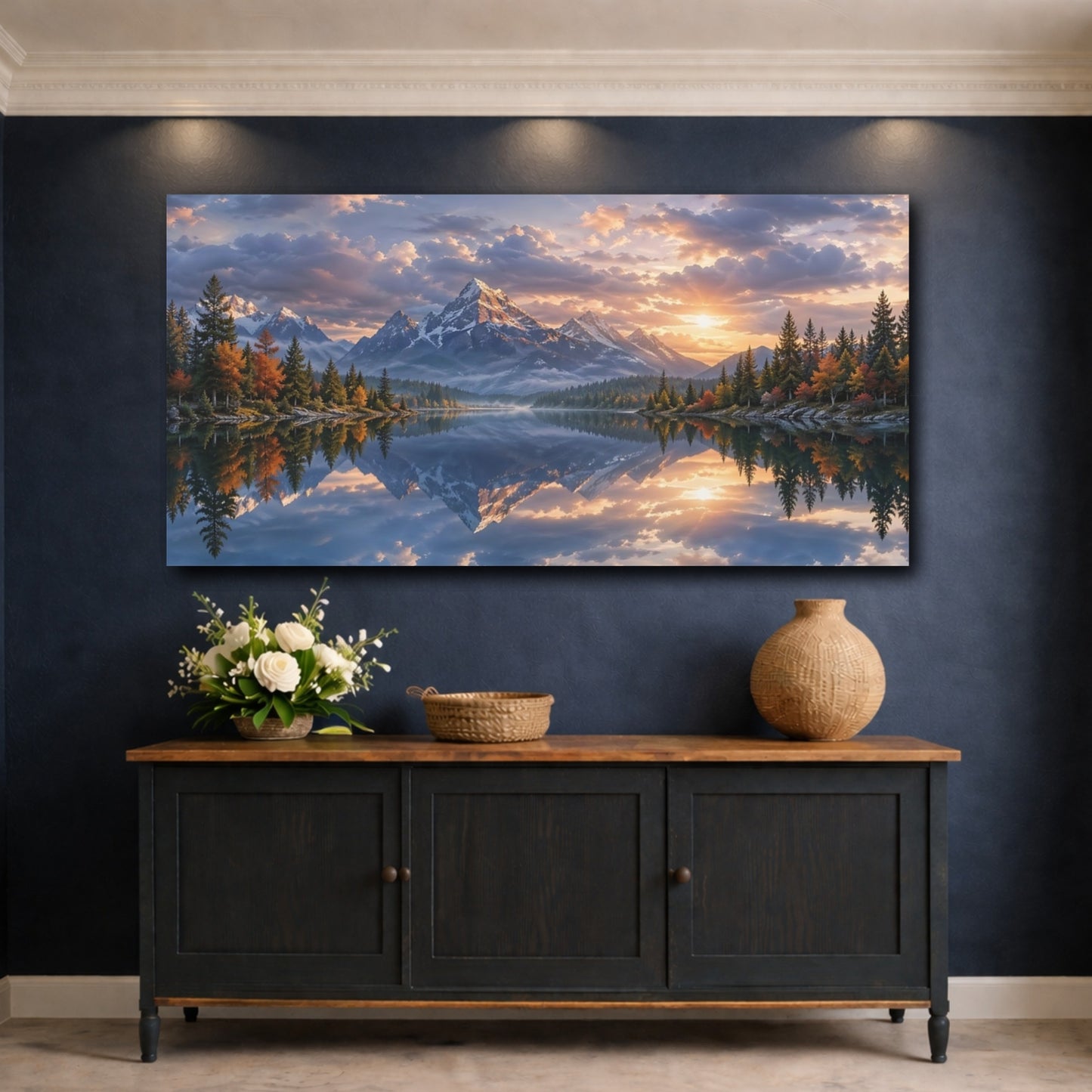 Mockup 4. Nature Mountain Lake Mountain Lake Sunset shown as stretched canvas wall art