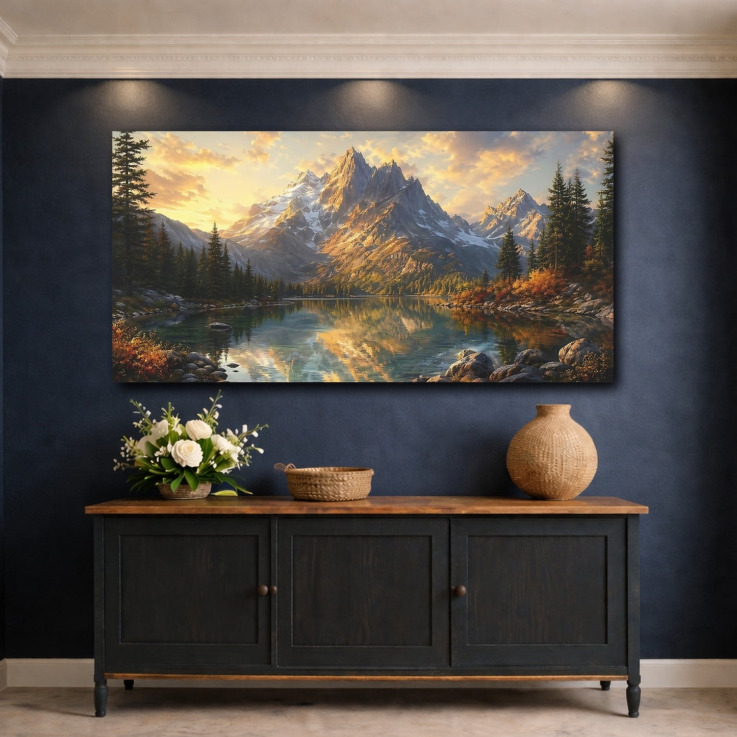 Mockup 4. Nature Mountain Lake Mountain Lake Sunset shown as stretched canvas wall art