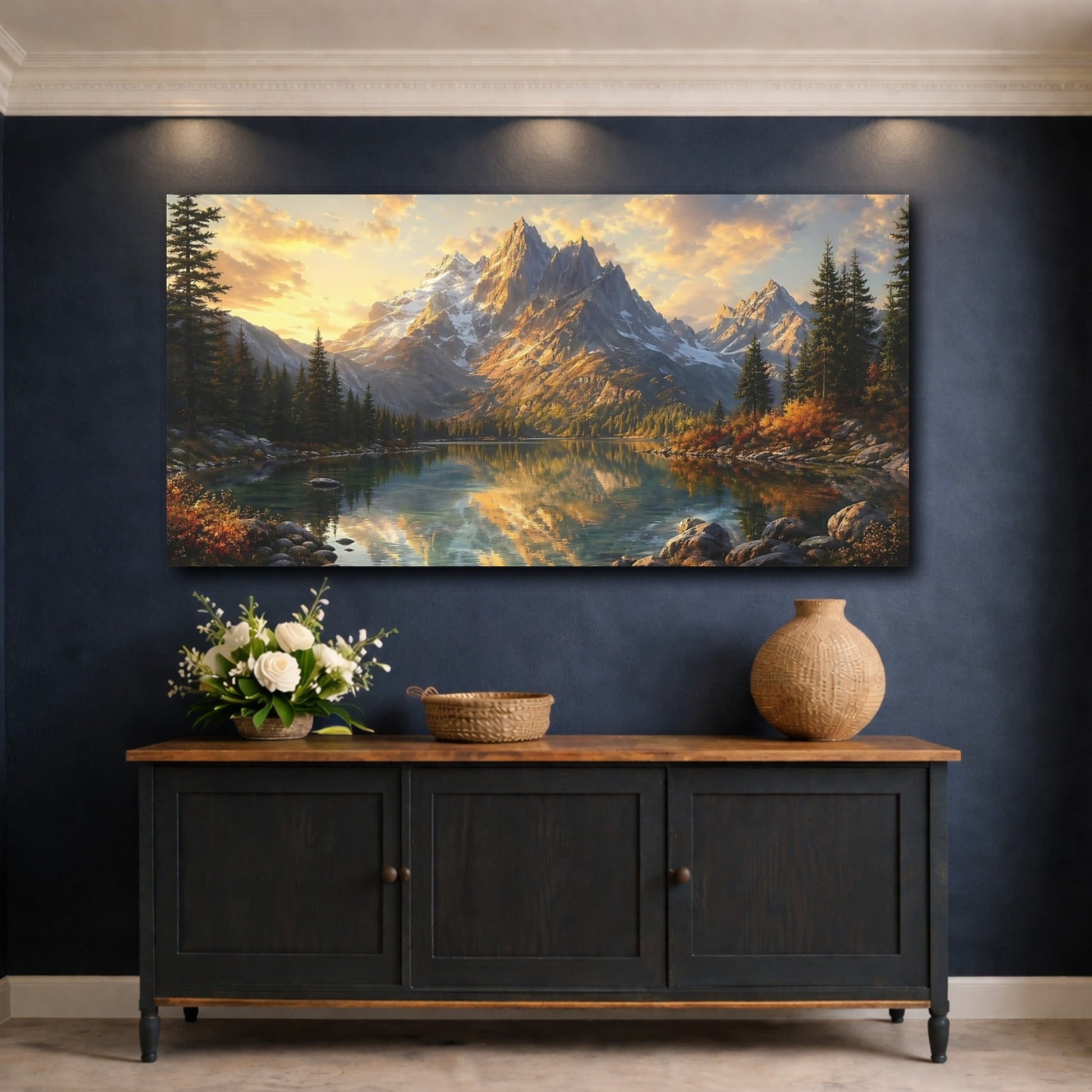 Mockup 4. Nature Mountain Lake Mountain Lake Sunset shown as stretched canvas wall art