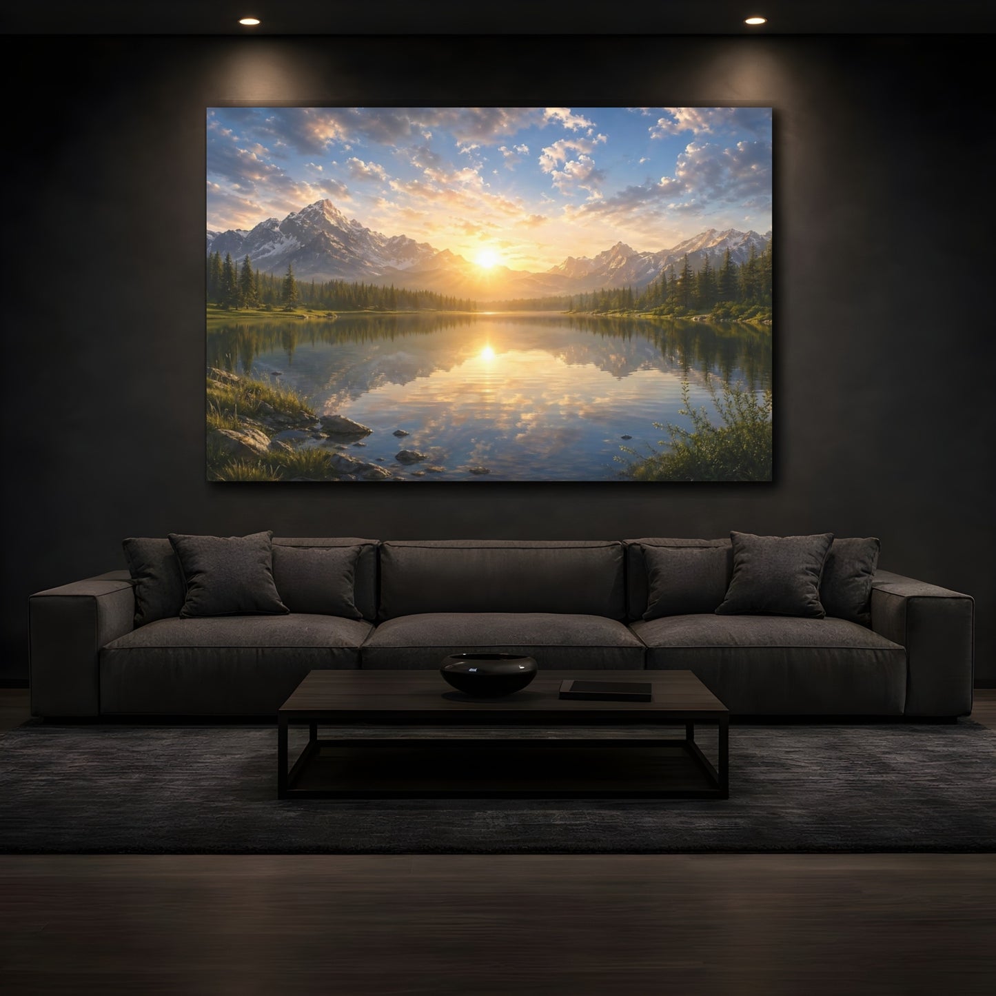 Mockup 4. Nature Mountain Lake Mountain Lake Sunset shown as stretched canvas wall art