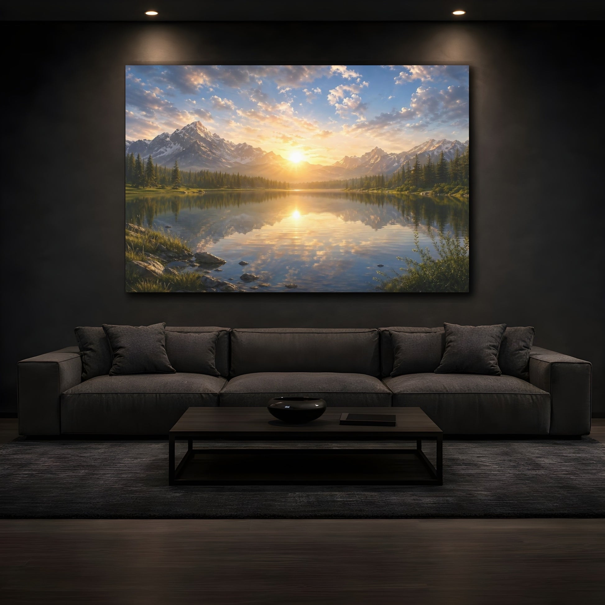 Mockup 4. Nature Mountain Lake Mountain Lake Sunset shown as stretched canvas wall art