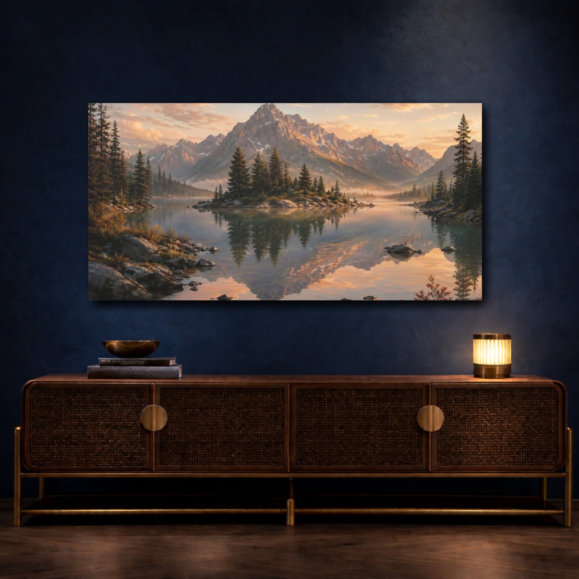 Mockup 4. Nature Mountain Lake Mountain Lake Sunset shown as stretched canvas wall art