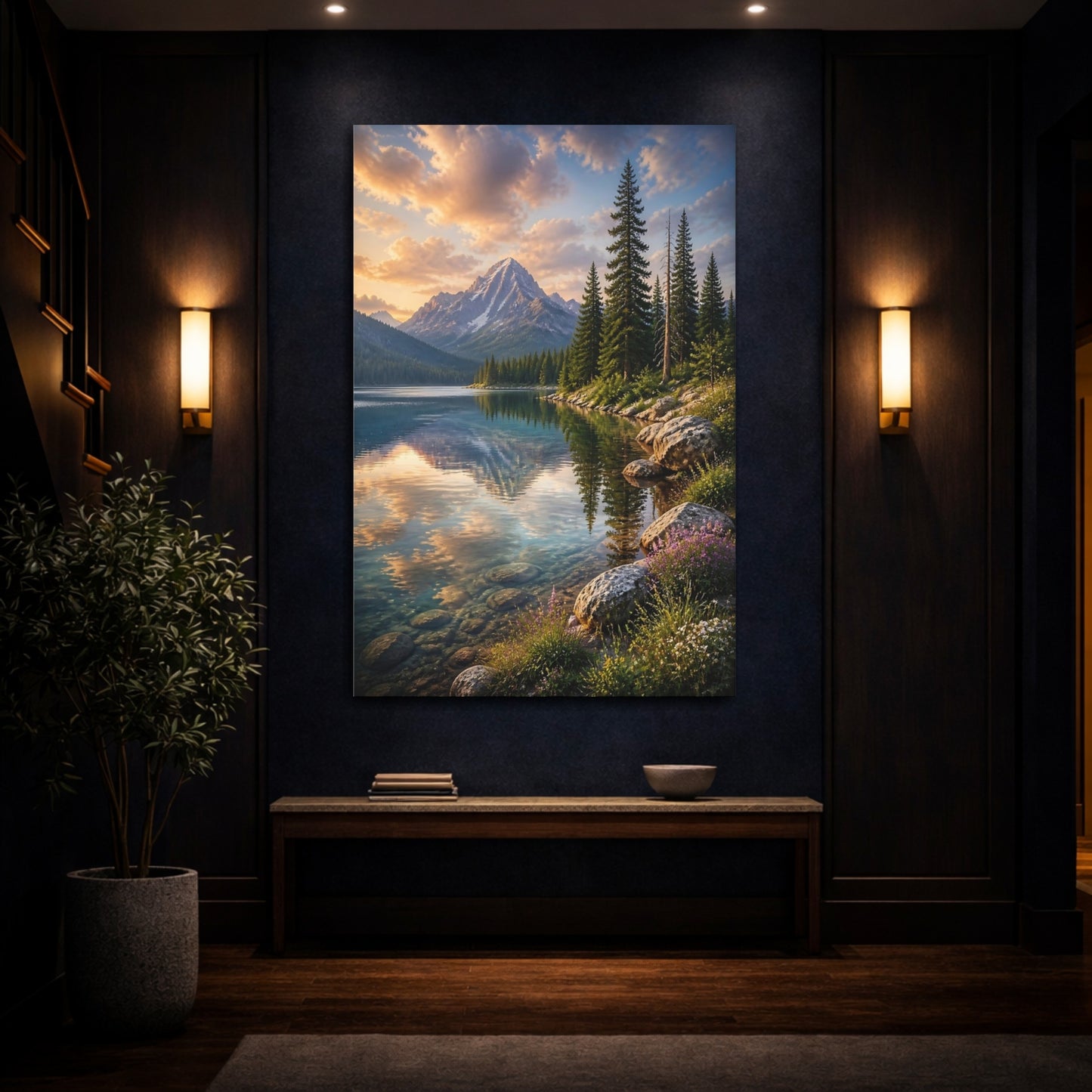Mockup 4. Nature Mountain Lake Mountain Lake Sunset shown as stretched canvas wall art
