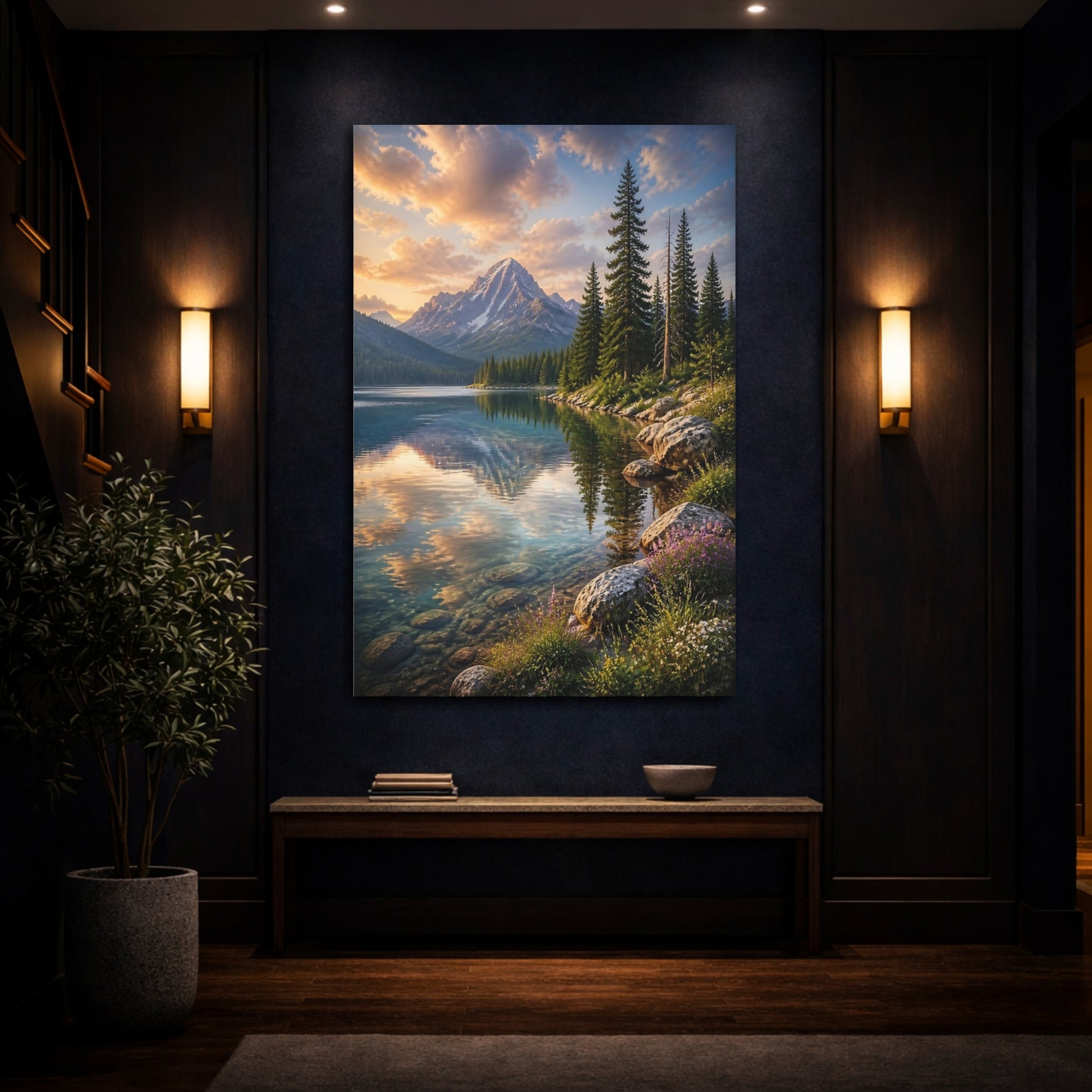 Mockup 4. Nature Mountain Lake Mountain Lake Sunset shown as stretched canvas wall art