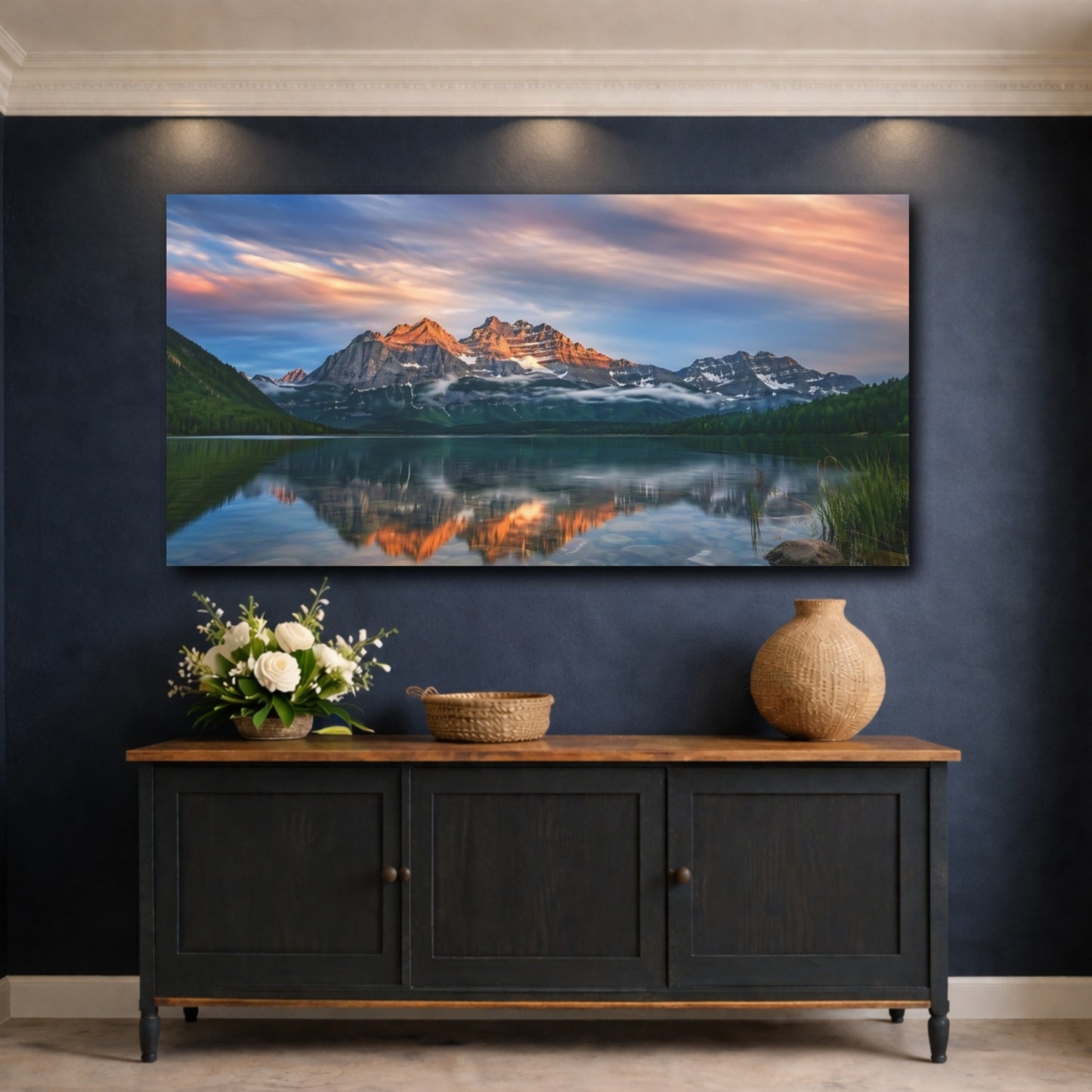 Mockup 4. Nature Mountain Lake Mountain Lake Sunset shown as stretched canvas wall art