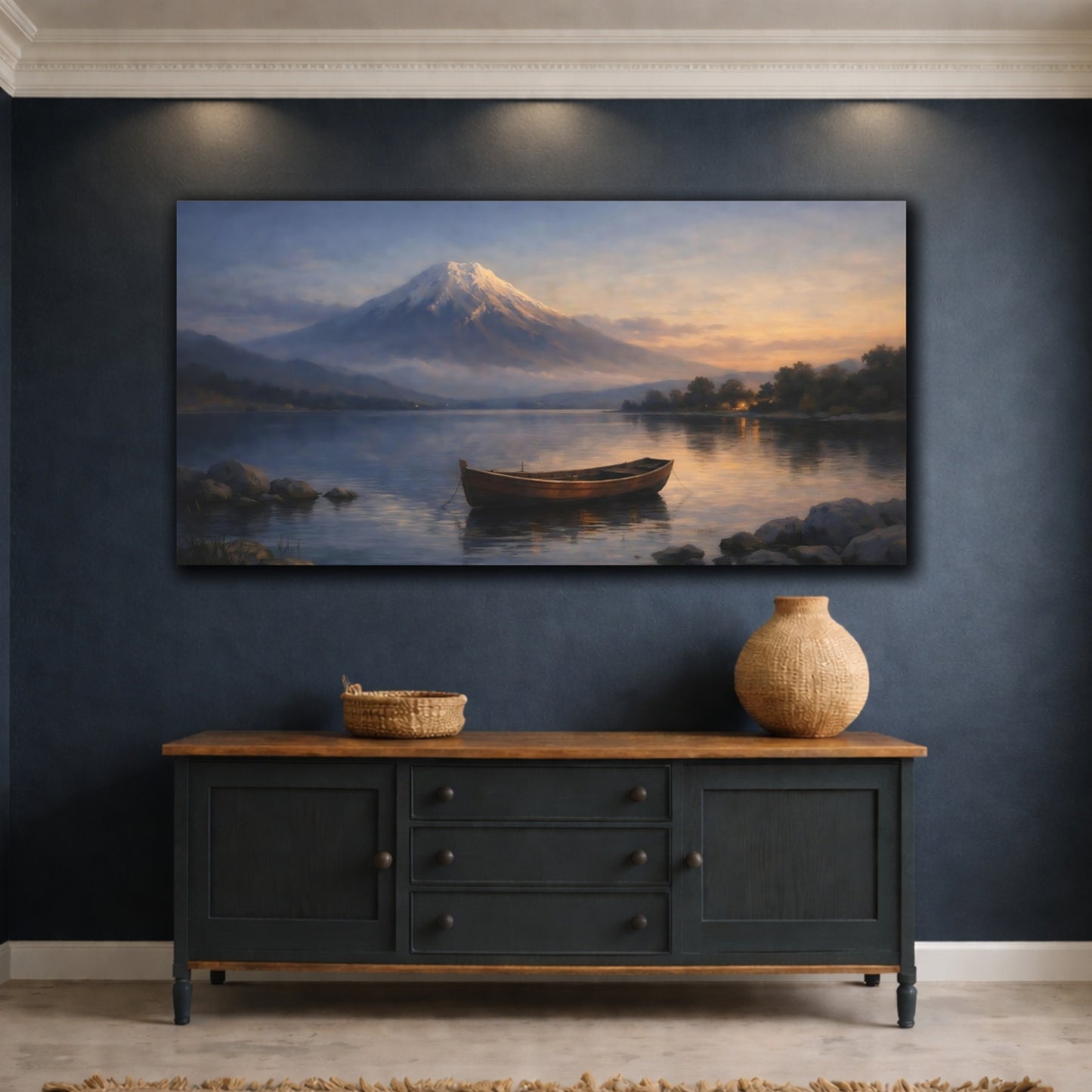 Mockup 4. Nature Mountain Lake Mountain Lake Sunset shown as stretched canvas wall art