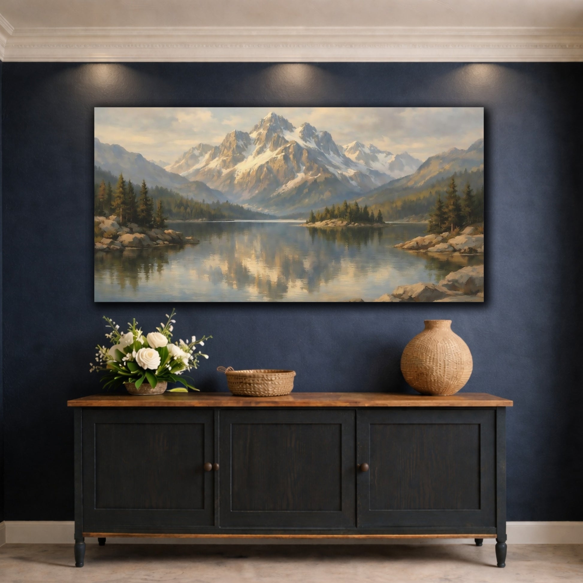 Mockup 4. Nature Mountain Lake Mountain Lake Vista shown as stretched canvas wall art