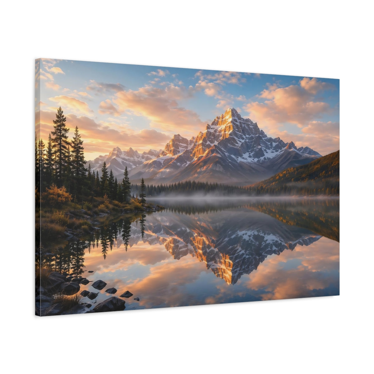Main Mockup. Nature Mountain Lake Mountain Sunset shown as stretched canvas wall art