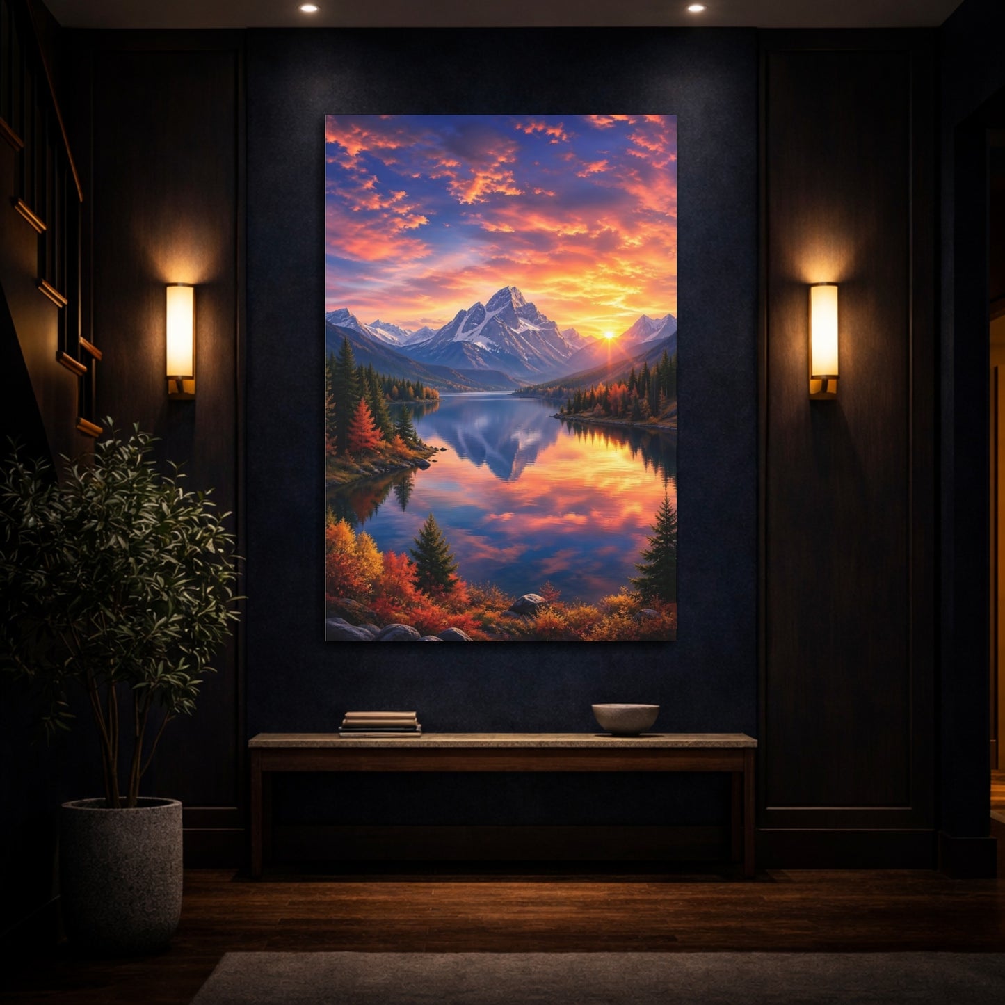 Mockup 4. Nature Mountain Lake Mountain Sunset Landscape shown as stretched canvas wall art