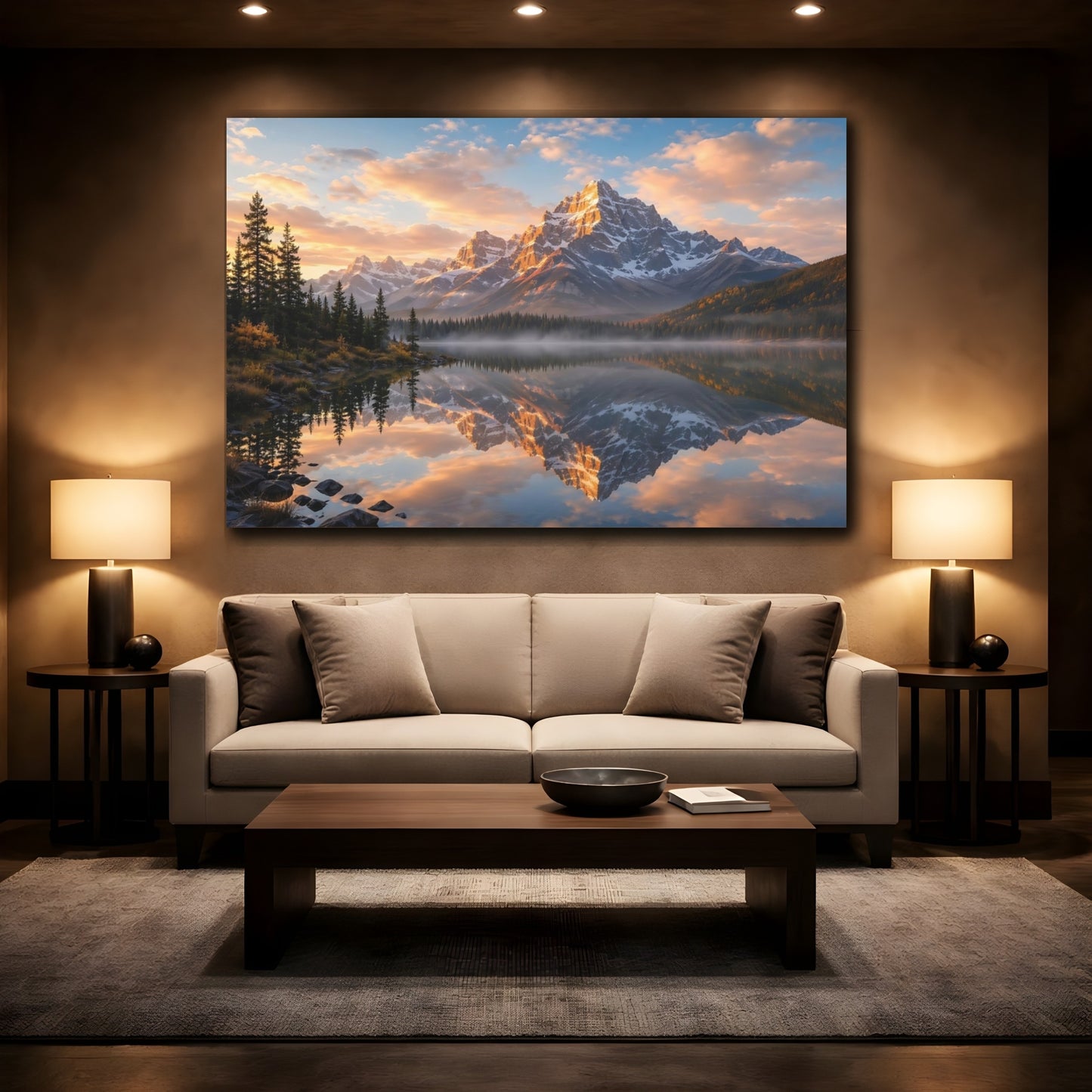 Mockup 2. Nature Mountain Lake Mountain Sunset shown as stretched canvas wall art