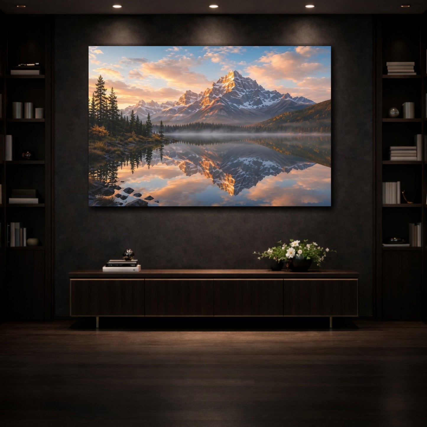 Mockup 3. Nature Mountain Lake Mountain Sunset shown as stretched canvas wall art
