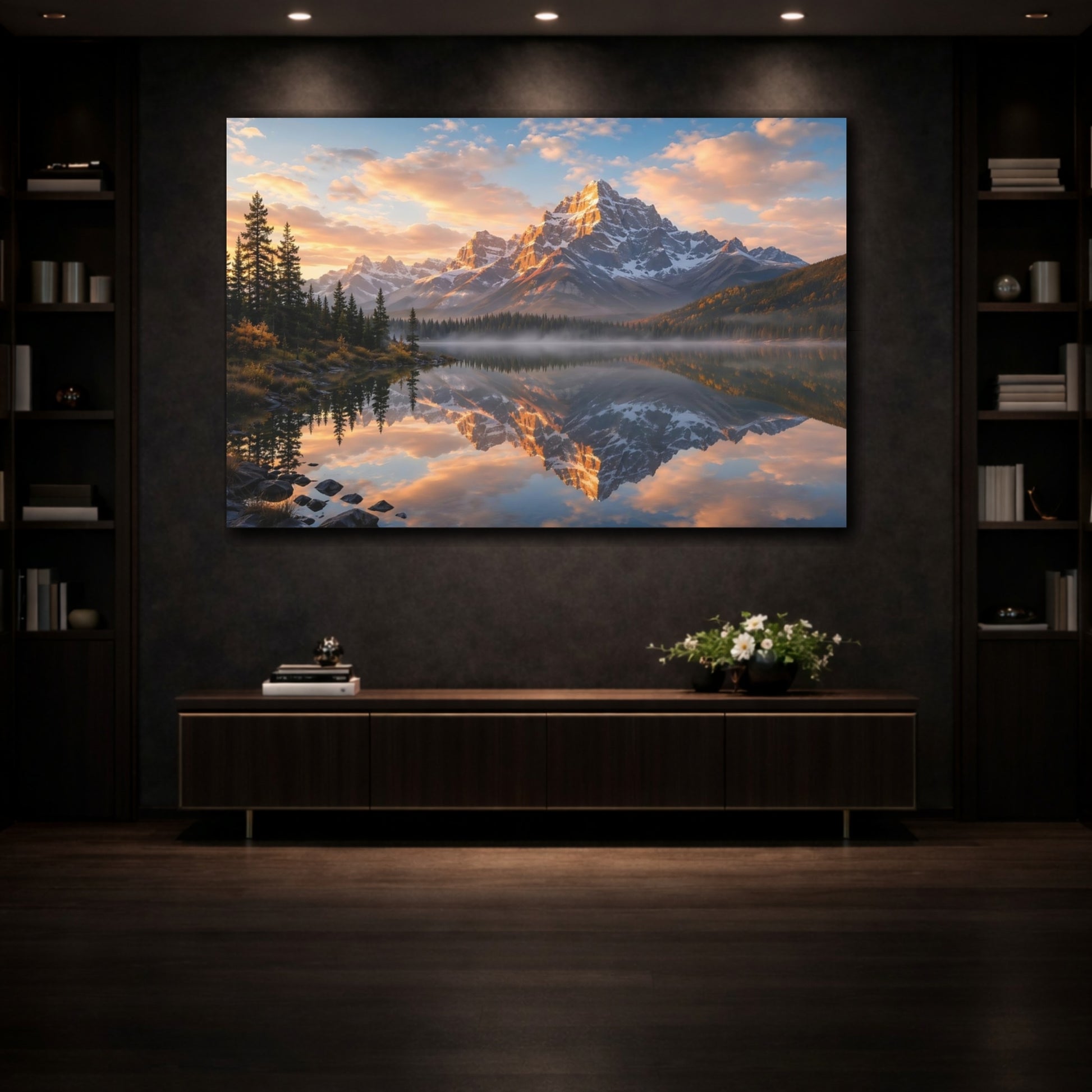 Mockup 3. Nature Mountain Lake Mountain Sunset shown as stretched canvas wall art