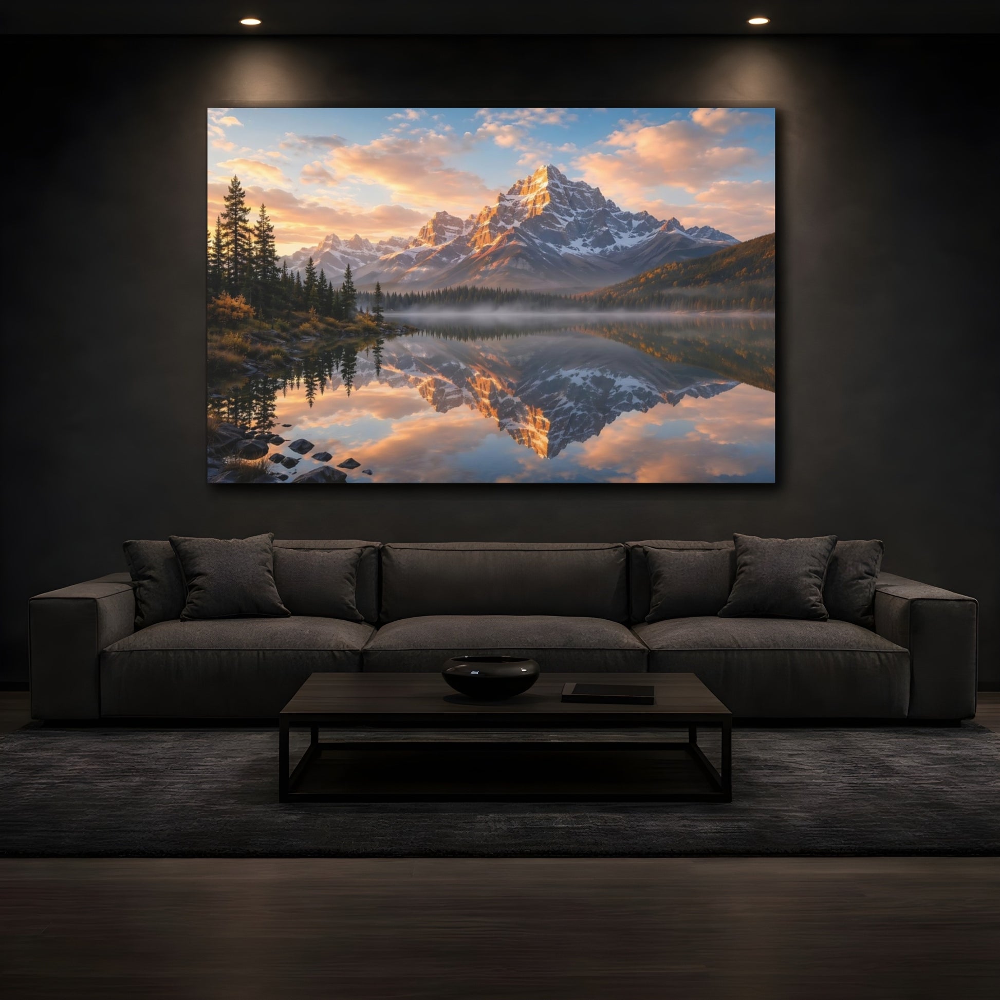 Mockup 4. Nature Mountain Lake Mountain Sunset shown as stretched canvas wall art