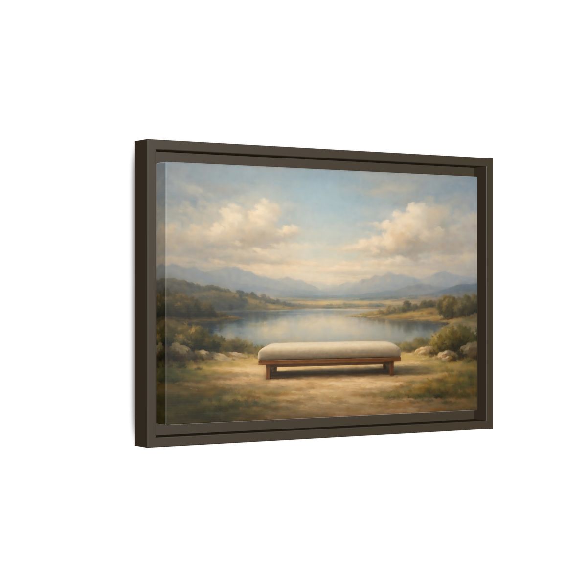Side Mockup 5. Nature Mountain Lake Muted Mountain Lake shown as stretched canvas wall art
