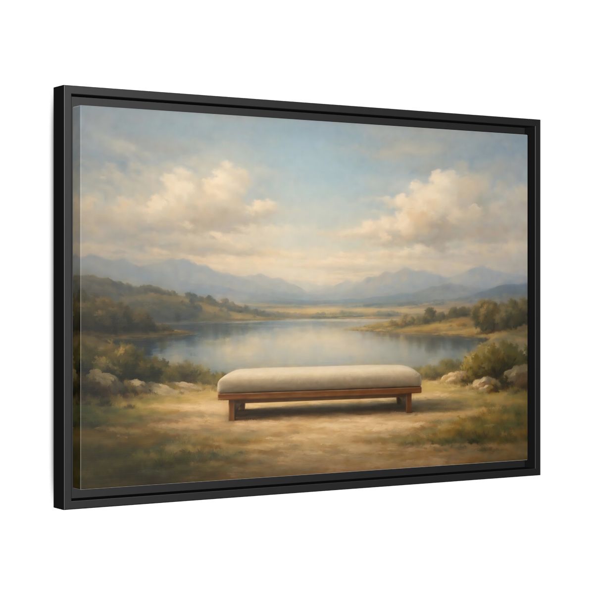 Side Mockup 14. Nature Mountain Lake Muted Mountain Lake shown as stretched canvas wall art