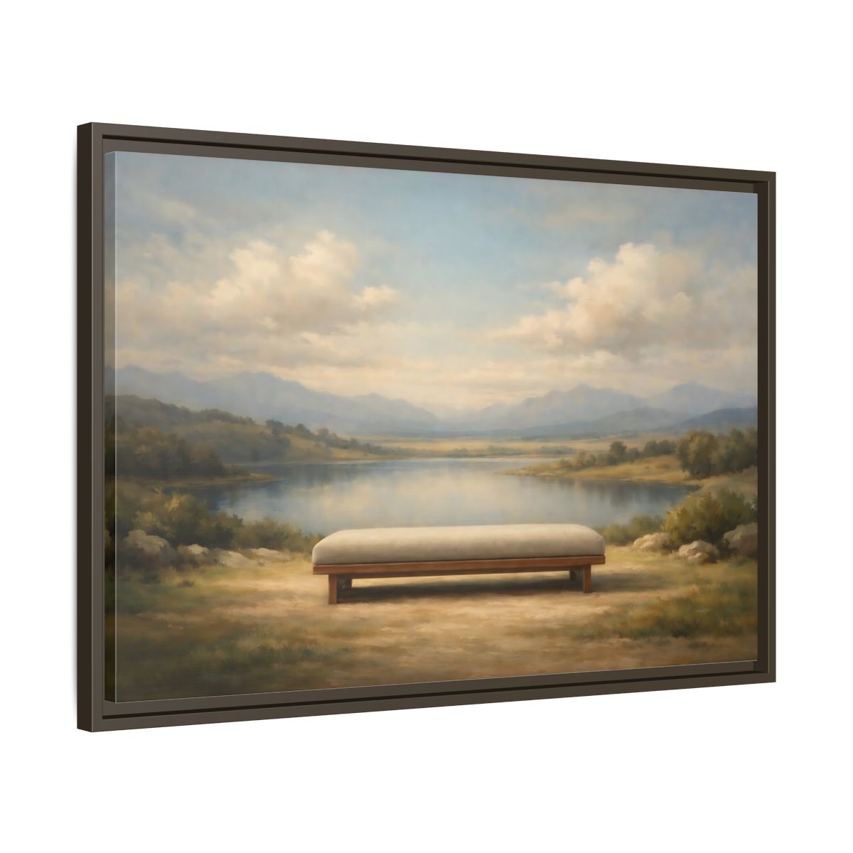 Side Mockup 11. Nature Mountain Lake Muted Mountain Lake shown as stretched canvas wall art