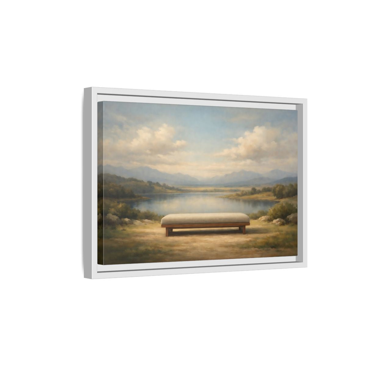 Side Mockup 4. Nature Mountain Lake Muted Mountain Lake shown as stretched canvas wall art