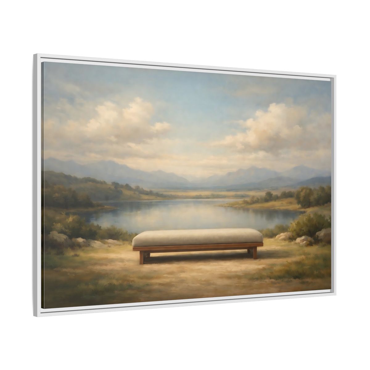 Side Mockup 7. Nature Mountain Lake Muted Mountain Lake shown as stretched canvas wall art