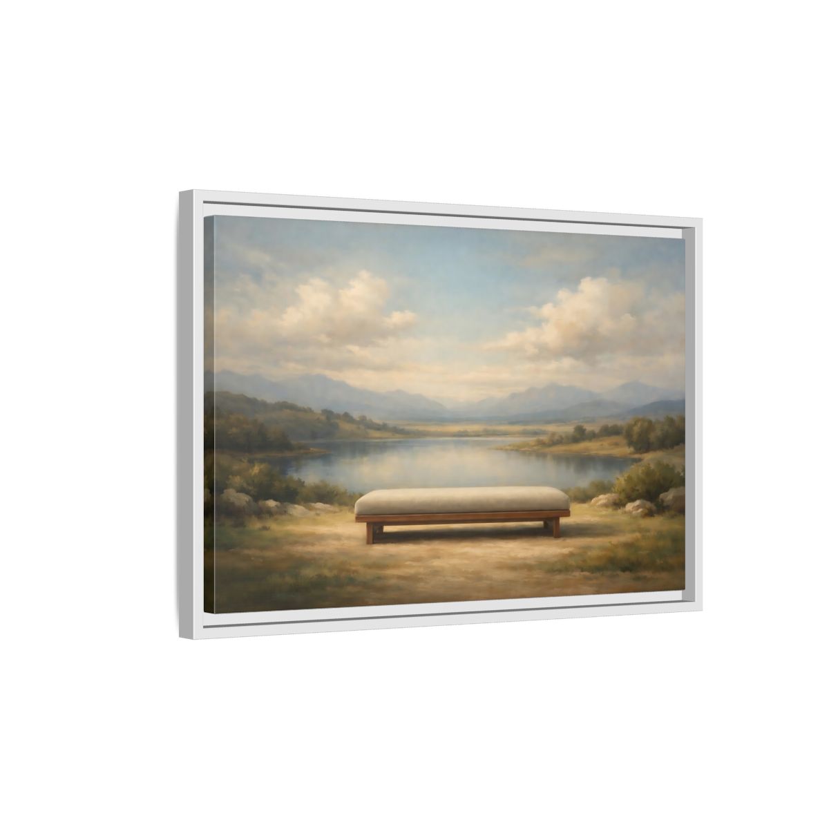 Side Mockup 1. Nature Mountain Lake Muted Mountain Lake shown as stretched canvas wall art