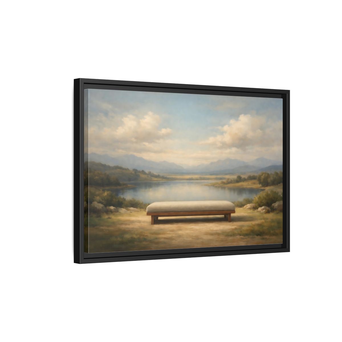 Side Mockup 3. Nature Mountain Lake Muted Mountain Lake shown as stretched canvas wall art