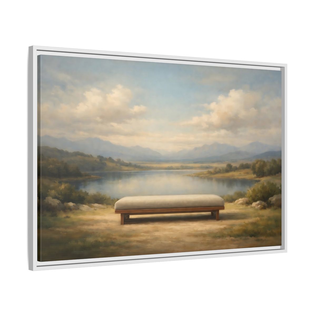 Side Mockup 8. Nature Mountain Lake Muted Mountain Lake shown as stretched canvas wall art