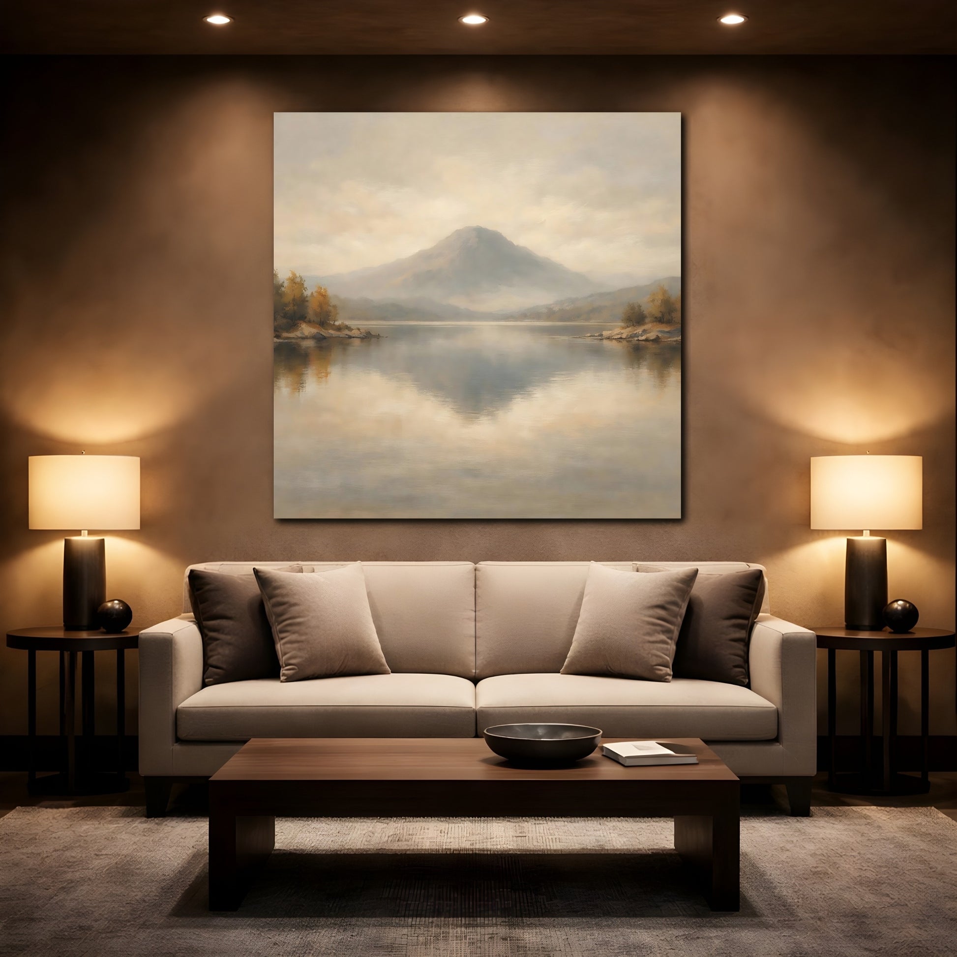 Mockup 2. Nature Mountain Lake Muted Landscape shown as stretched canvas wall art