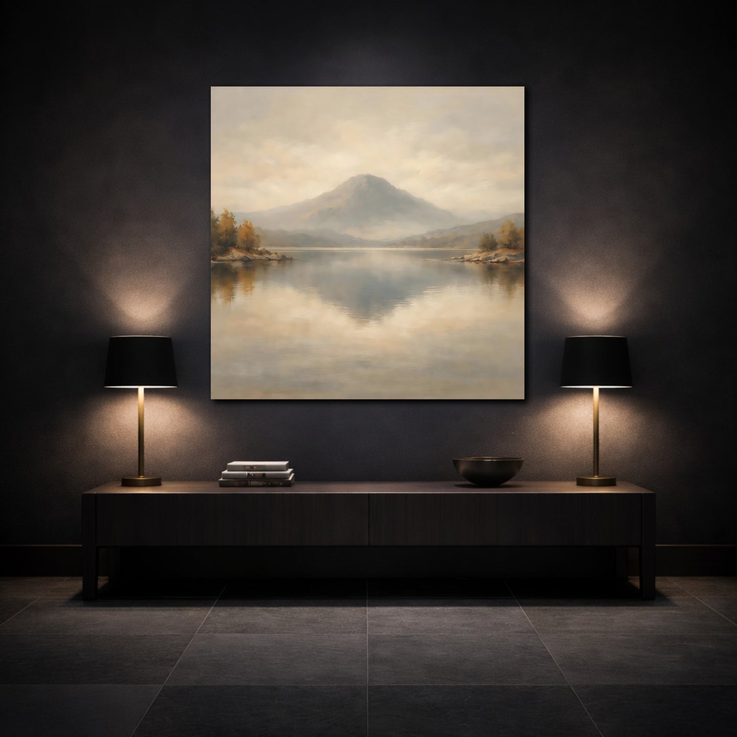 Mockup 3. Nature Mountain Lake Muted Landscape shown as stretched canvas wall art